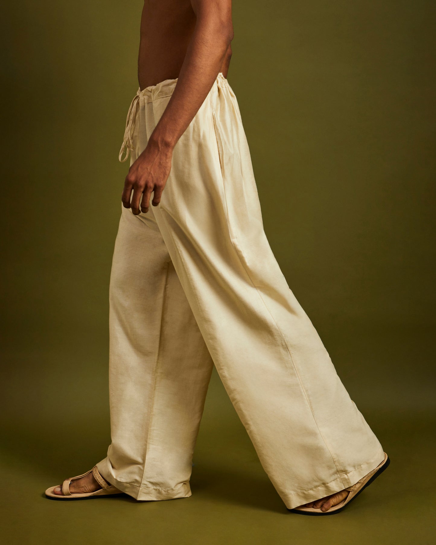 Cream Wide Leg Pants with Drawstrings