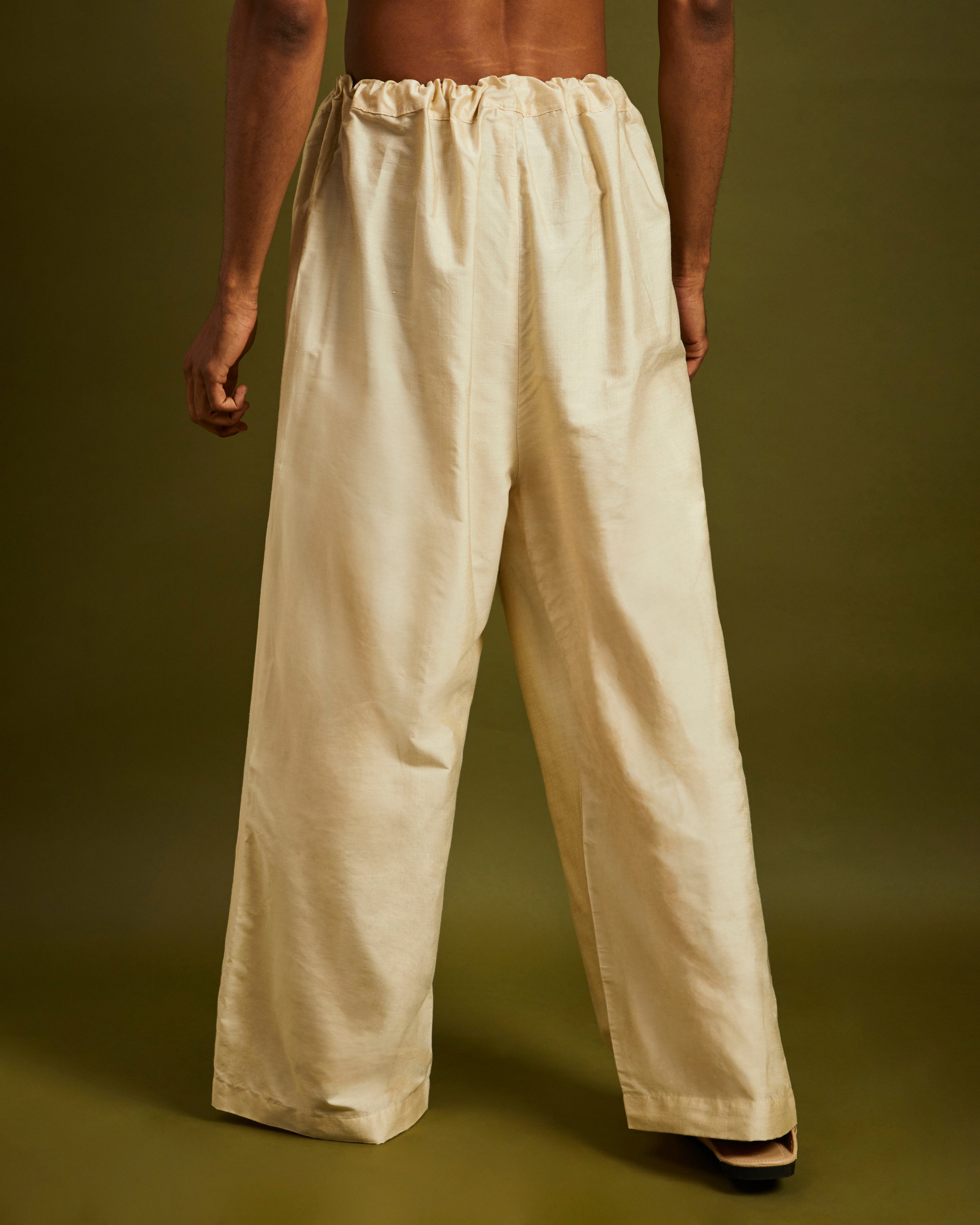 Cream Wide Leg Pants with Drawstrings