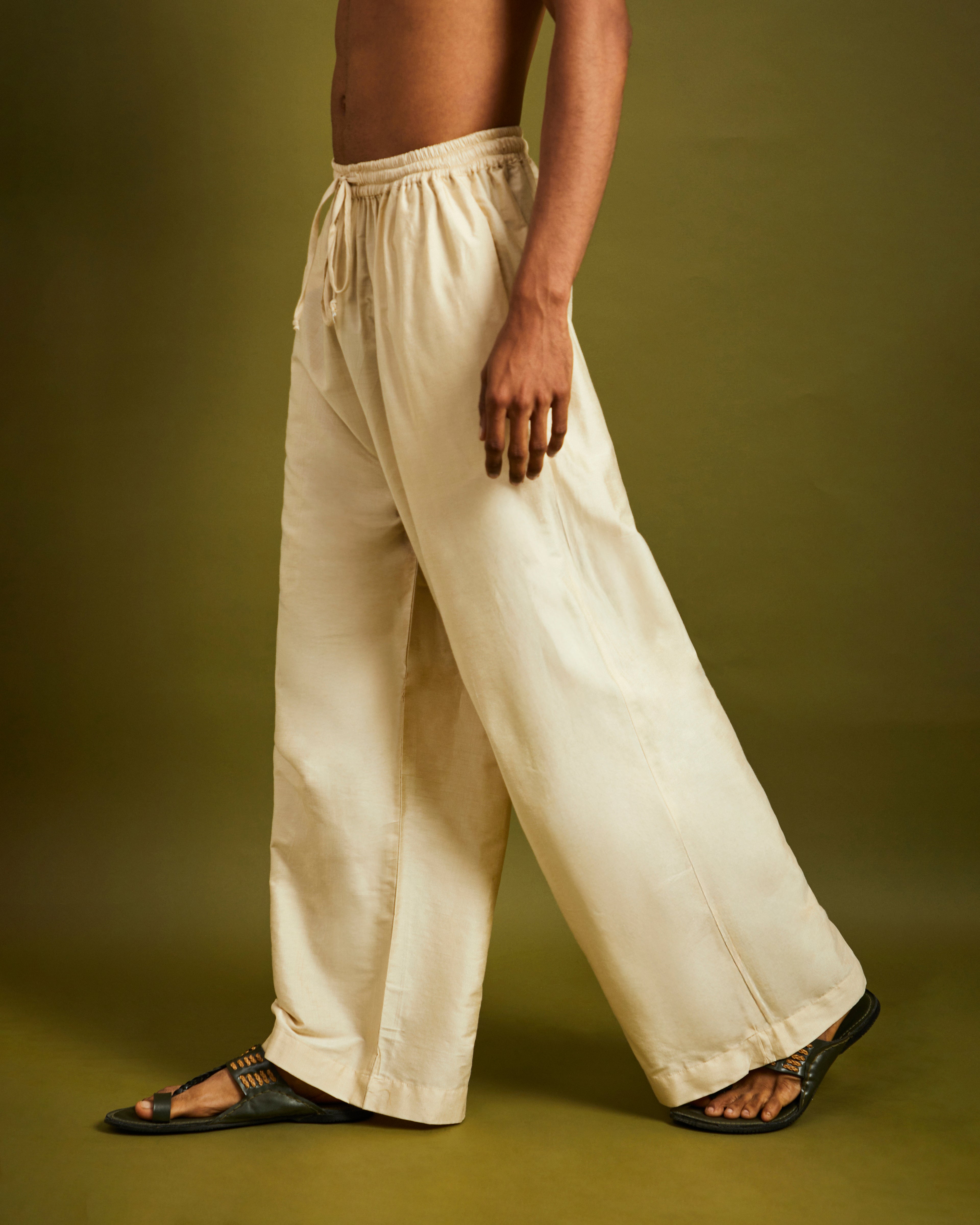 Cream Wide Leg Pants with Elastic and Drawstrings