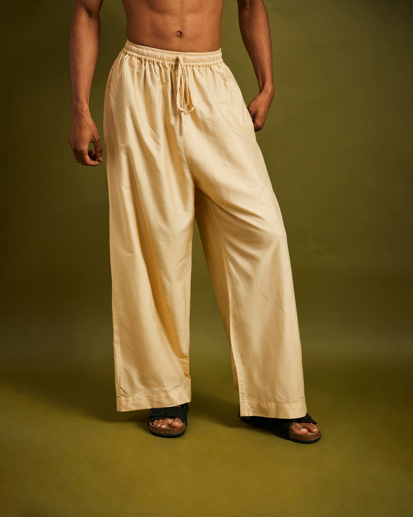 Beige Wide Leg Pants with Elastic and Drawstrings