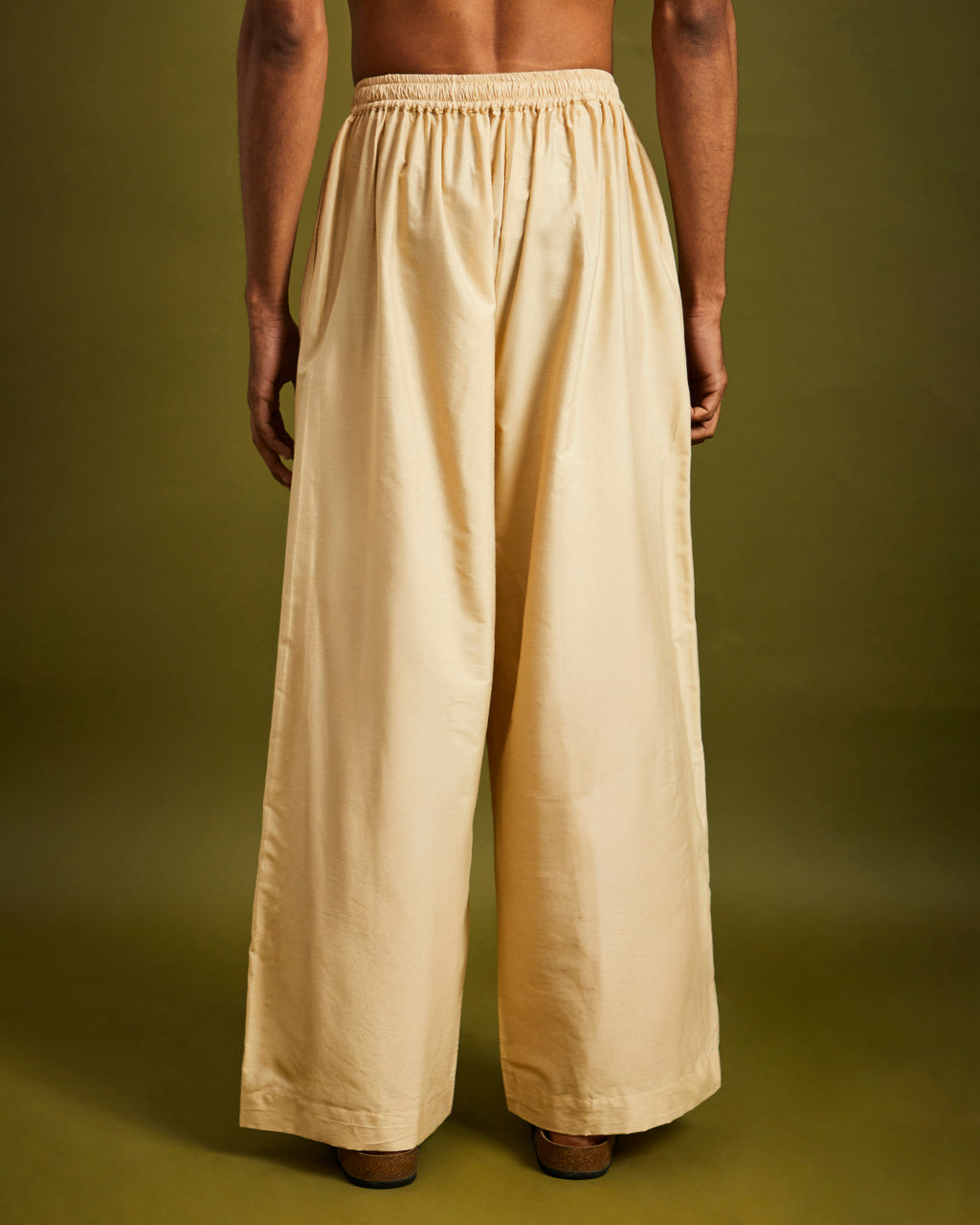 Beige Wide Leg Pants with Elastic and Drawstrings