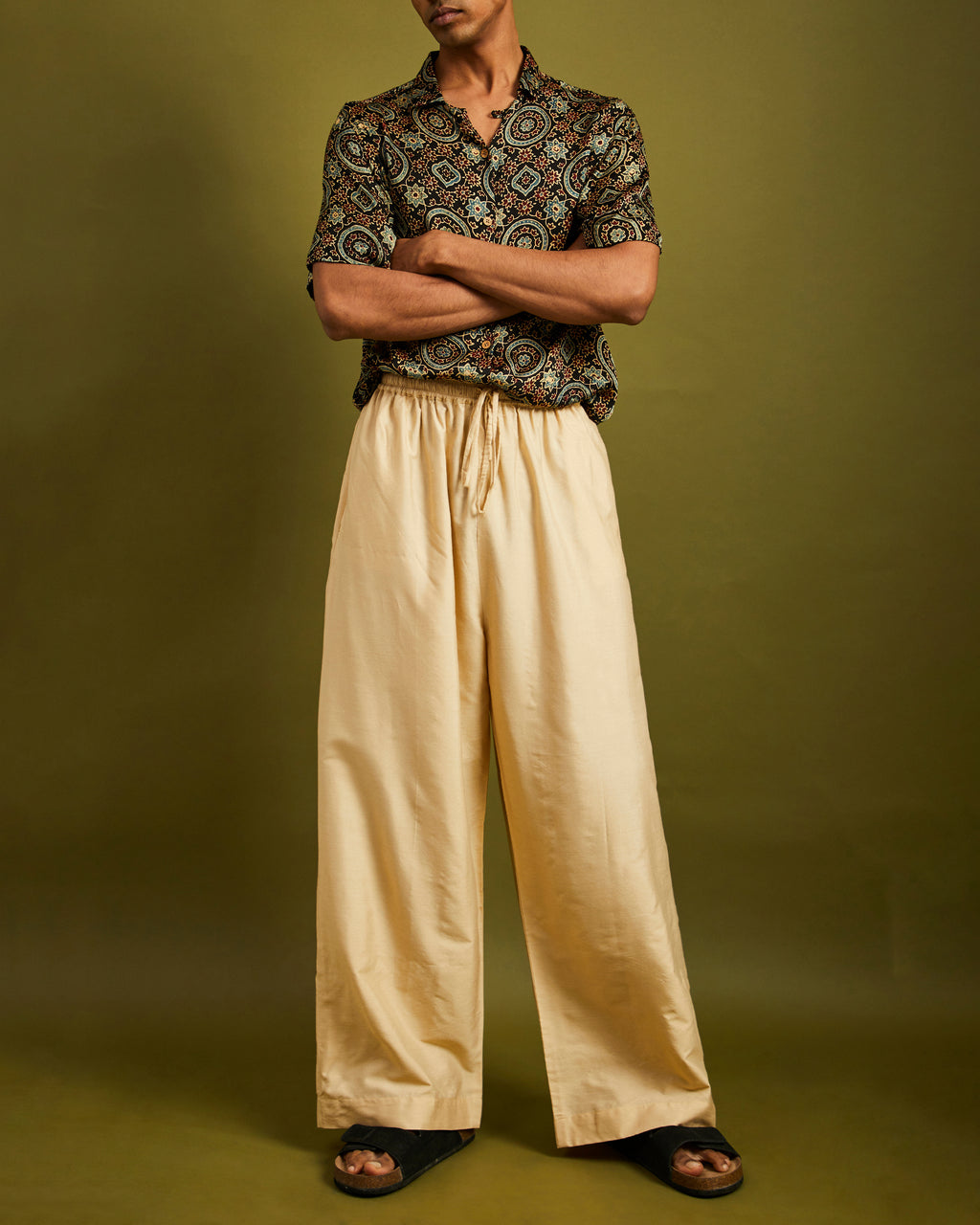 Beige Wide Leg Pants with Elastic and Drawstrings