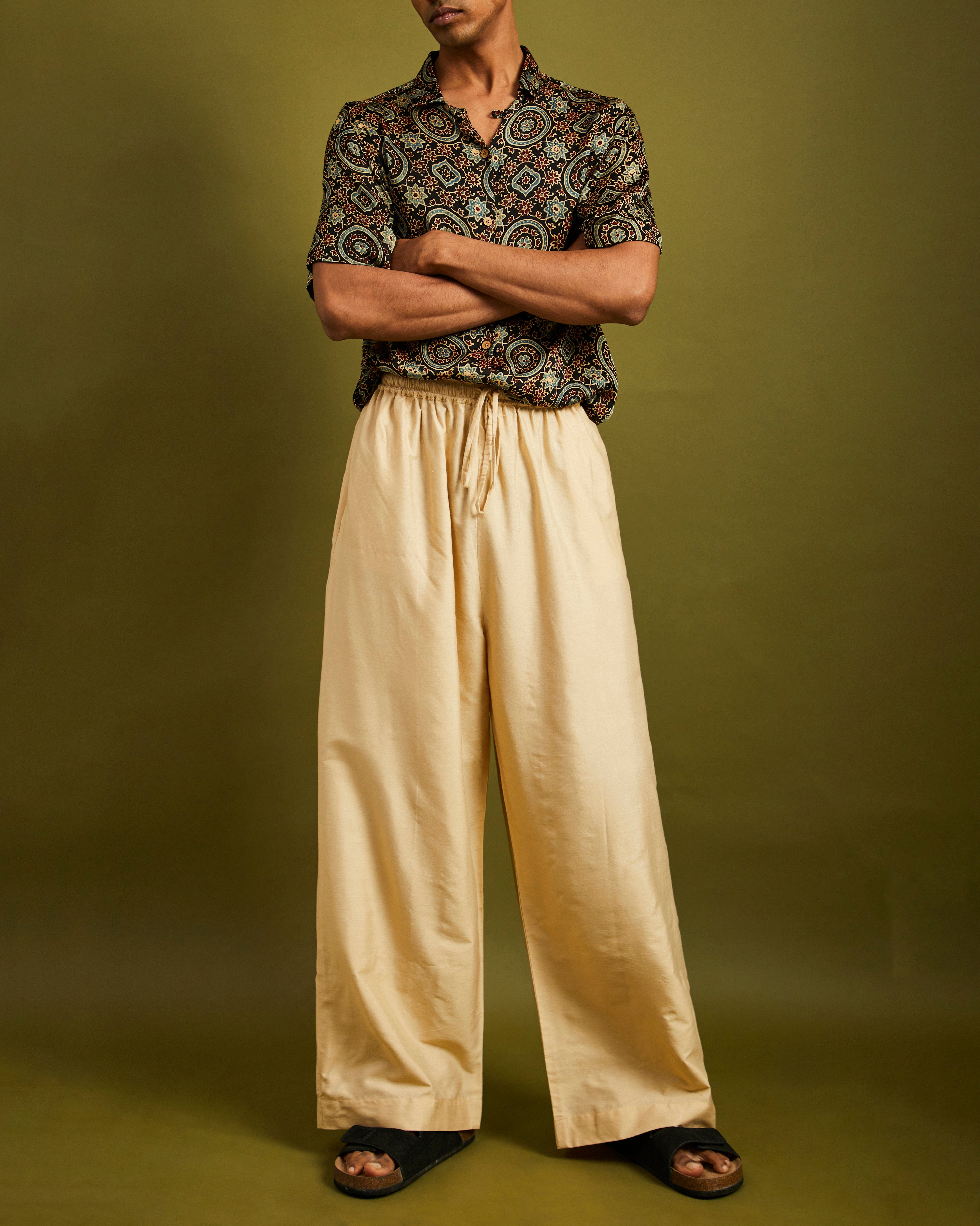 Beige Wide Leg Pants with Elastic and Drawstrings