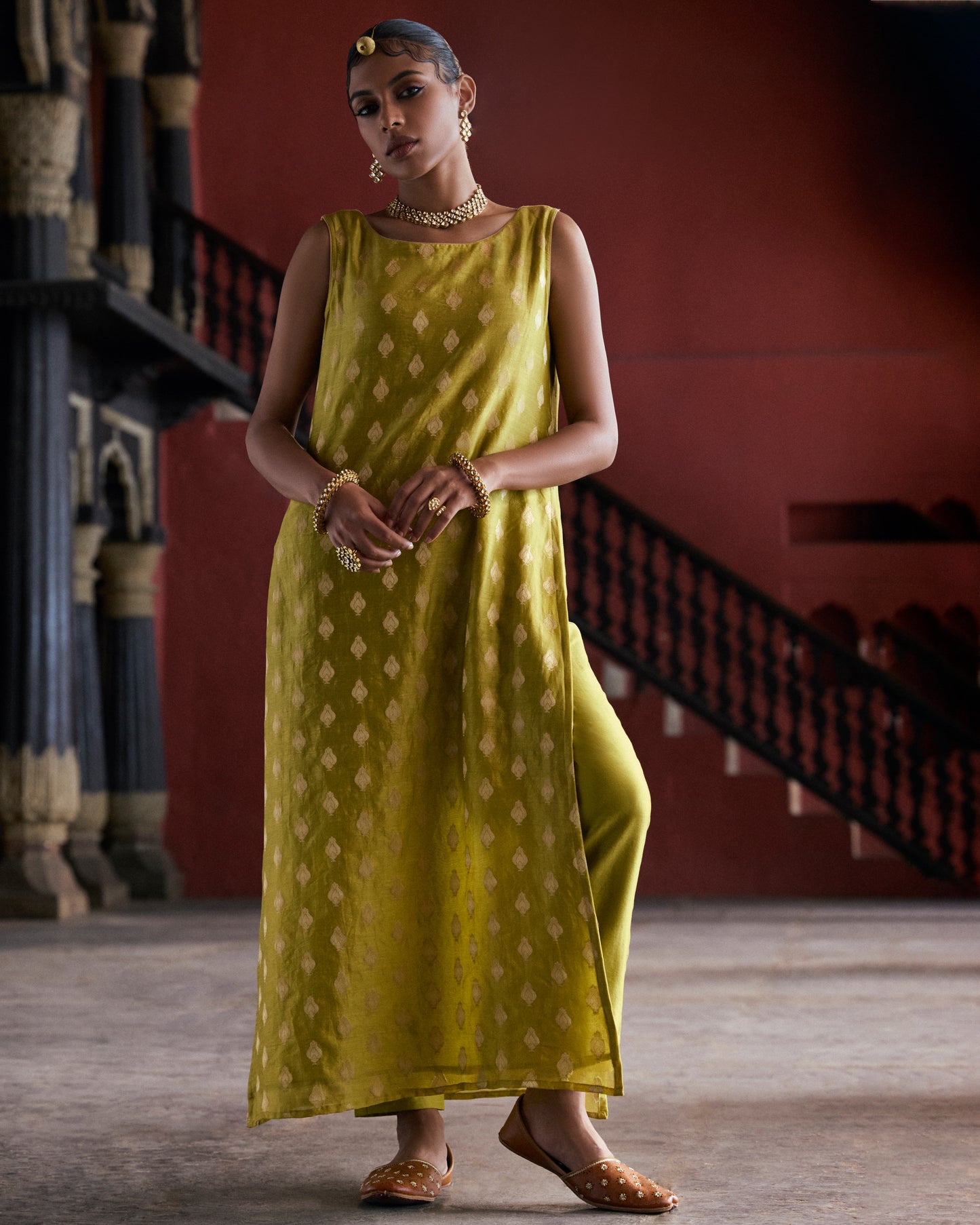 Green Pure Chanderi Tulip Zari Buta Kurta