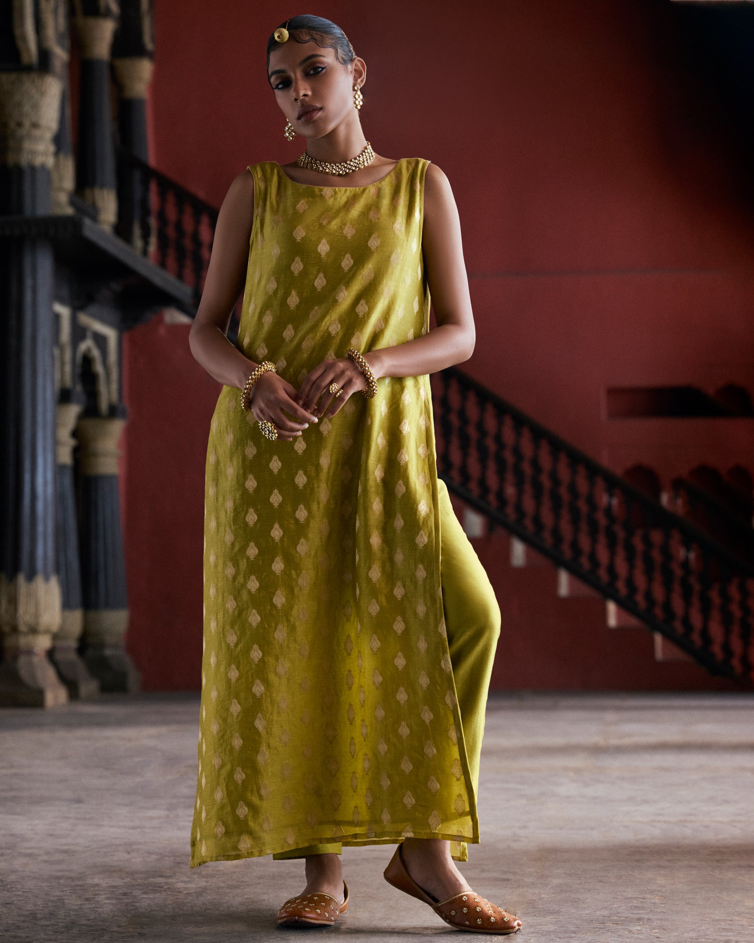 Green Pure Chanderi Tulip Zari Buta Kurta