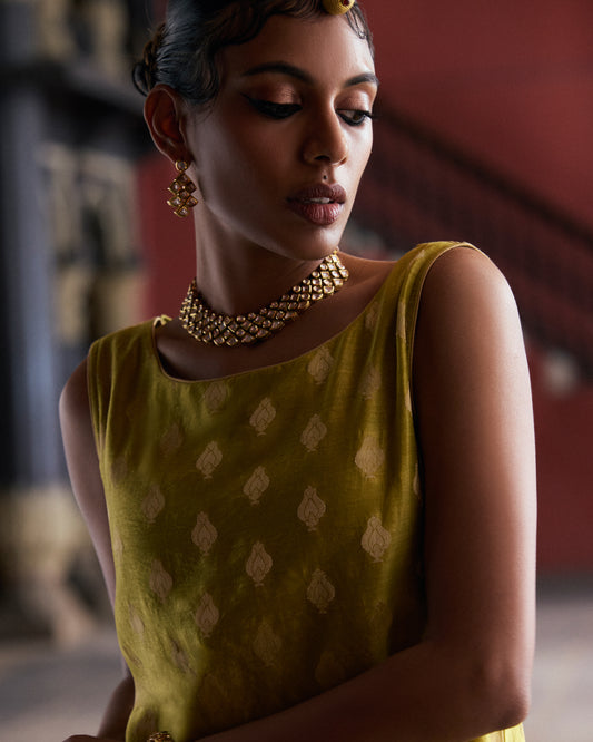 Green Pure Chanderi Tulip Zari Buta Kurta