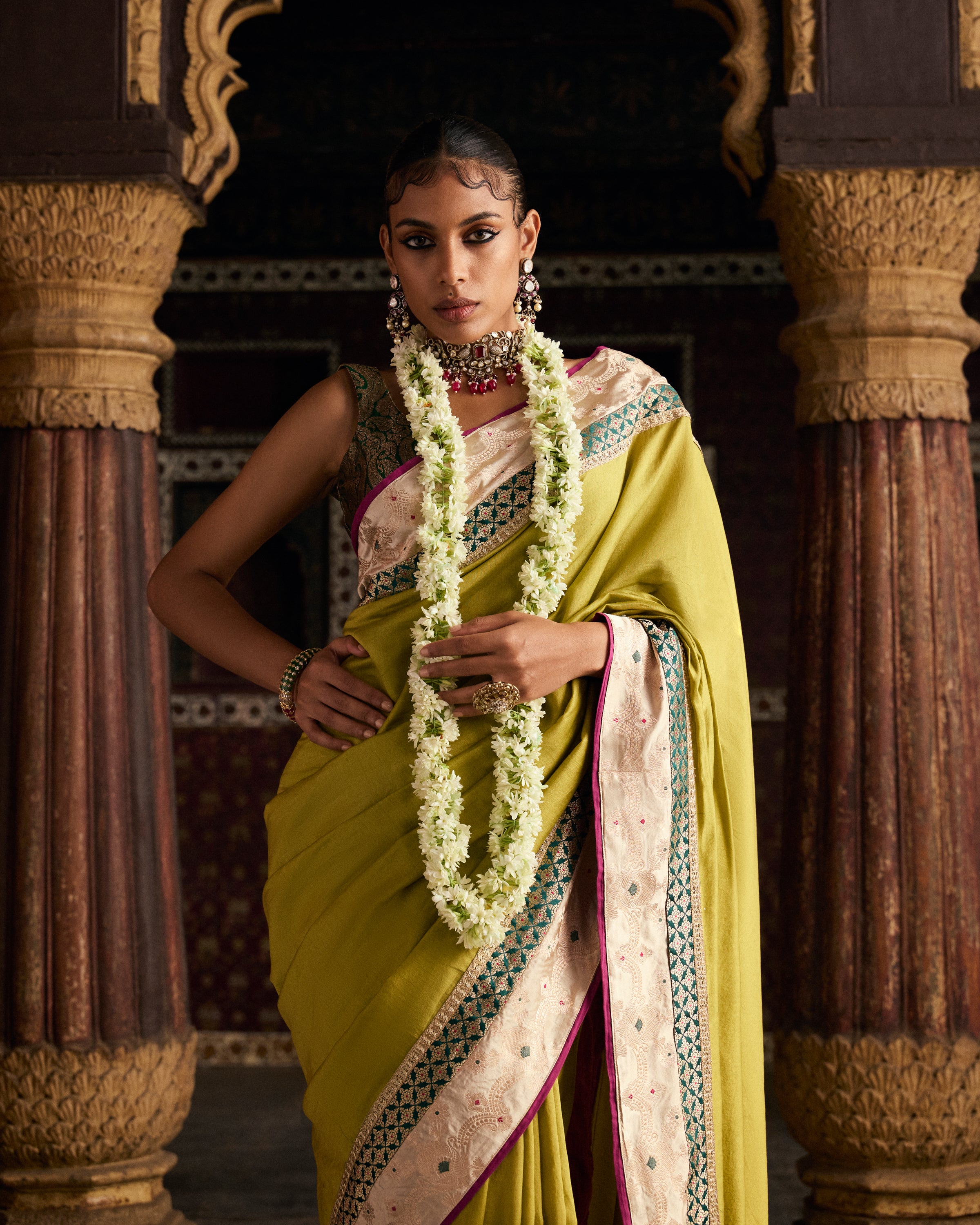 Green Pure Chanderi Saree With Pure Katan Silk Brocade Border
