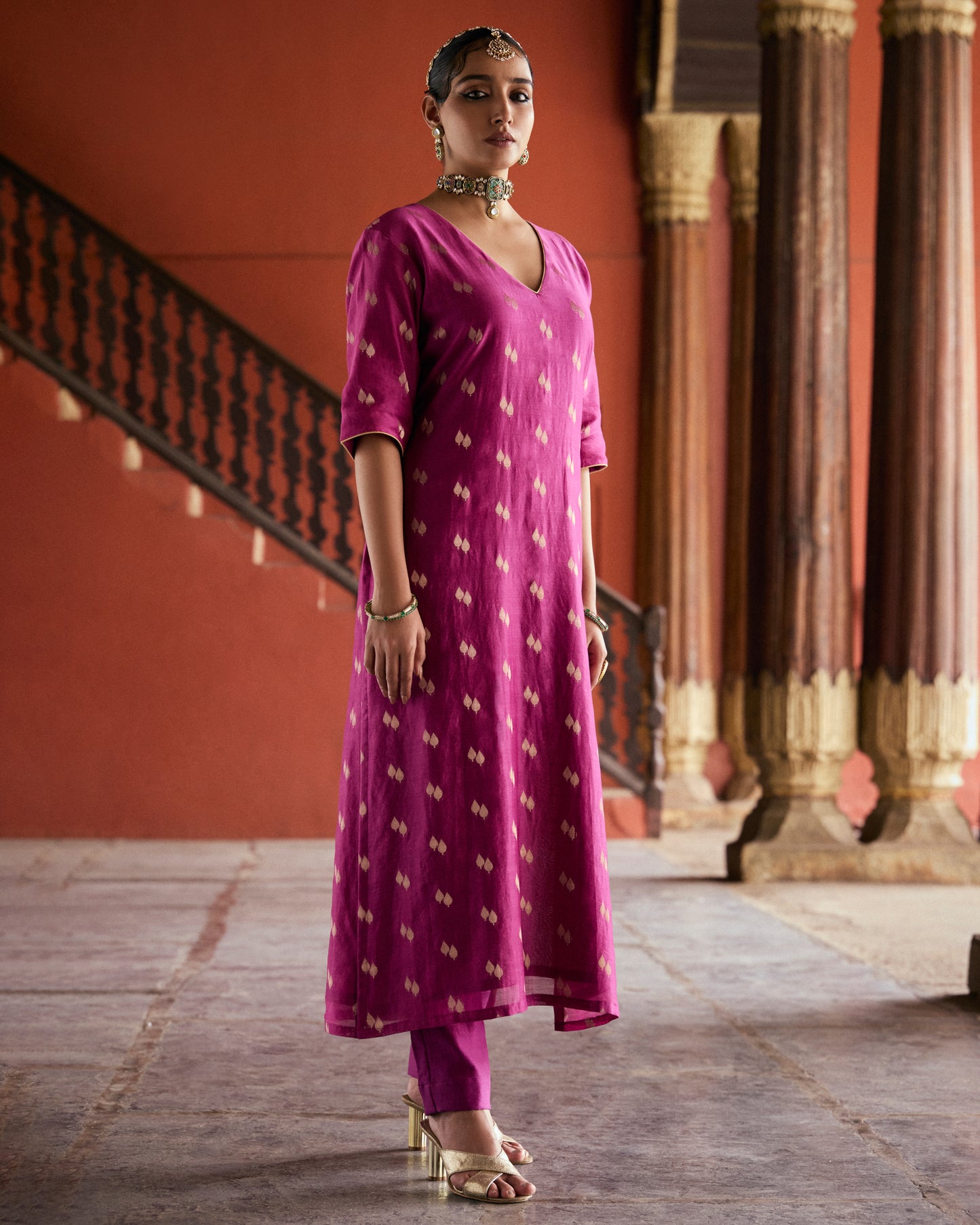 Pink Pure Chanderi Paan Zari Buta Kurta