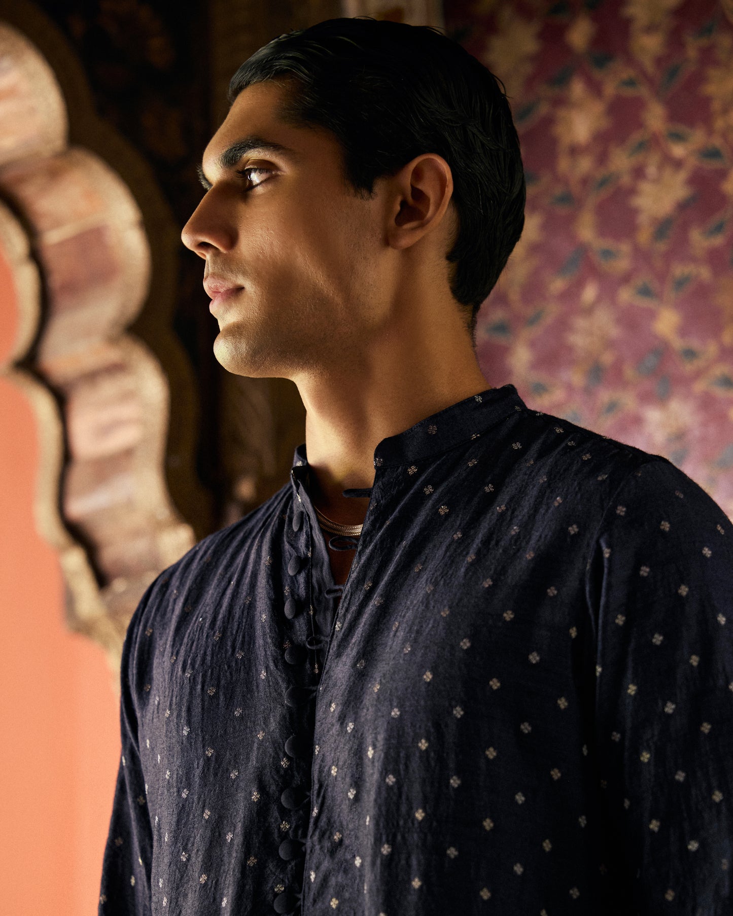 Midnight Blue Black Munga Silk Handwoven Buta Kurta