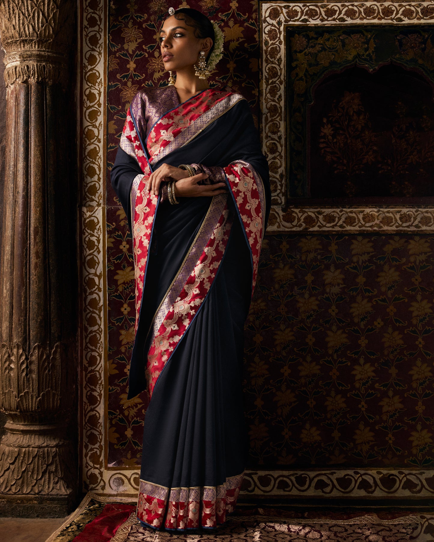 Midnight Blue Black Pure Chanderi Saree With Pure Katan Silk Brocade Border