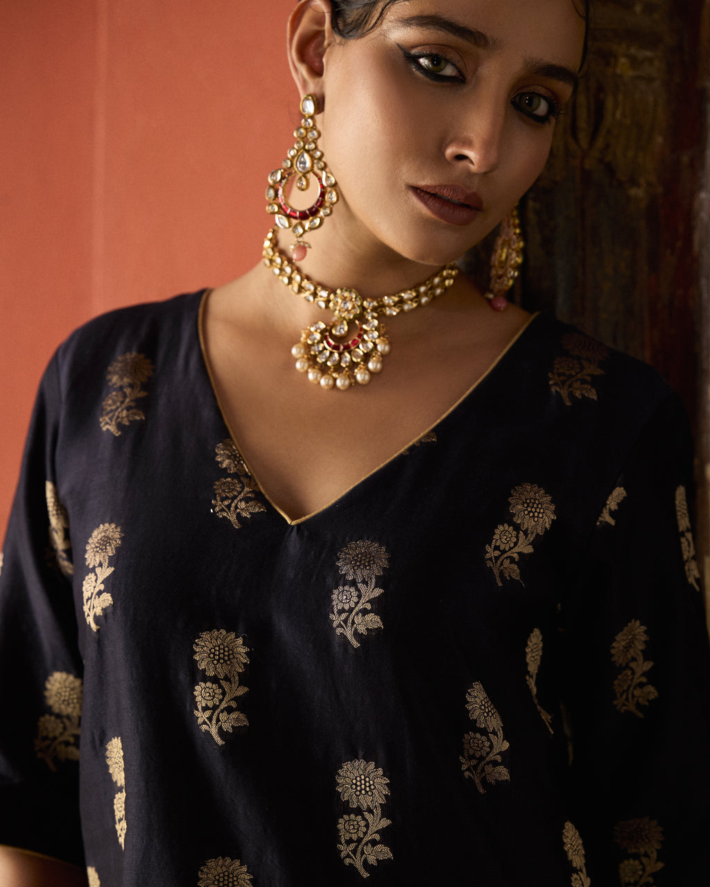 Midhnight Black Blue Pure Chanderi Floral Zari Buta Kurta