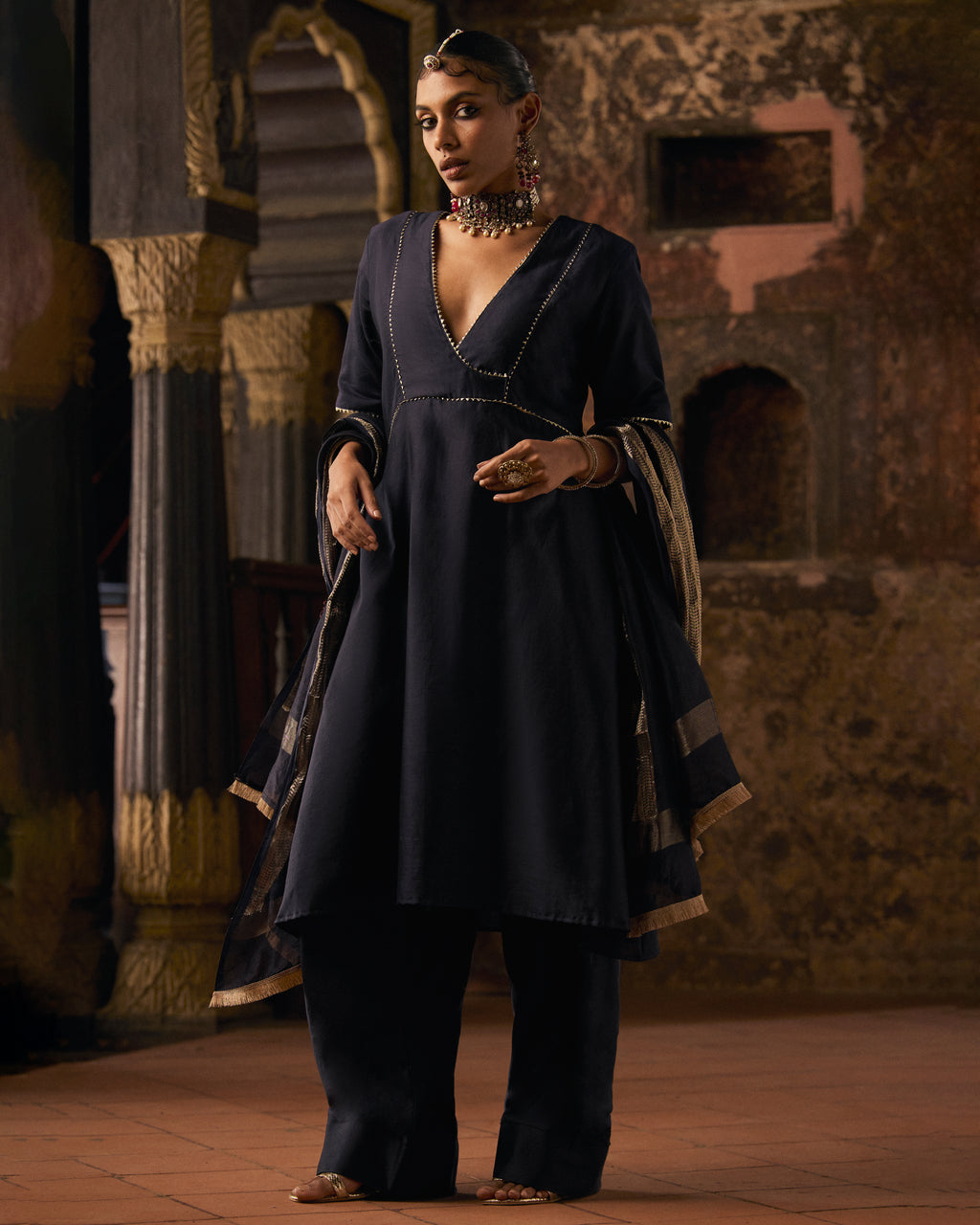 Midnight Blue Black Pure Chanderi Semi Angrakha