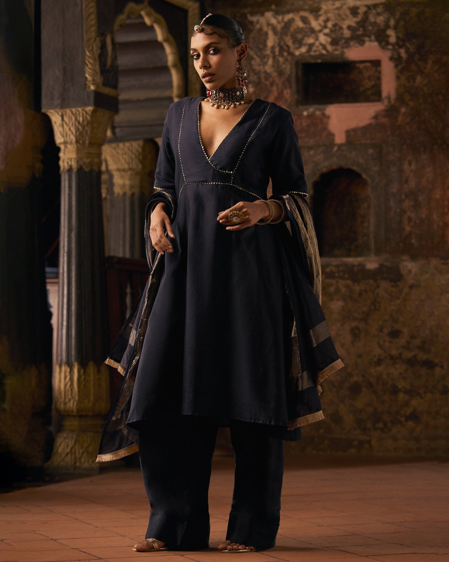 Midnight Blue Black Pure Chanderi Semi Angrakha