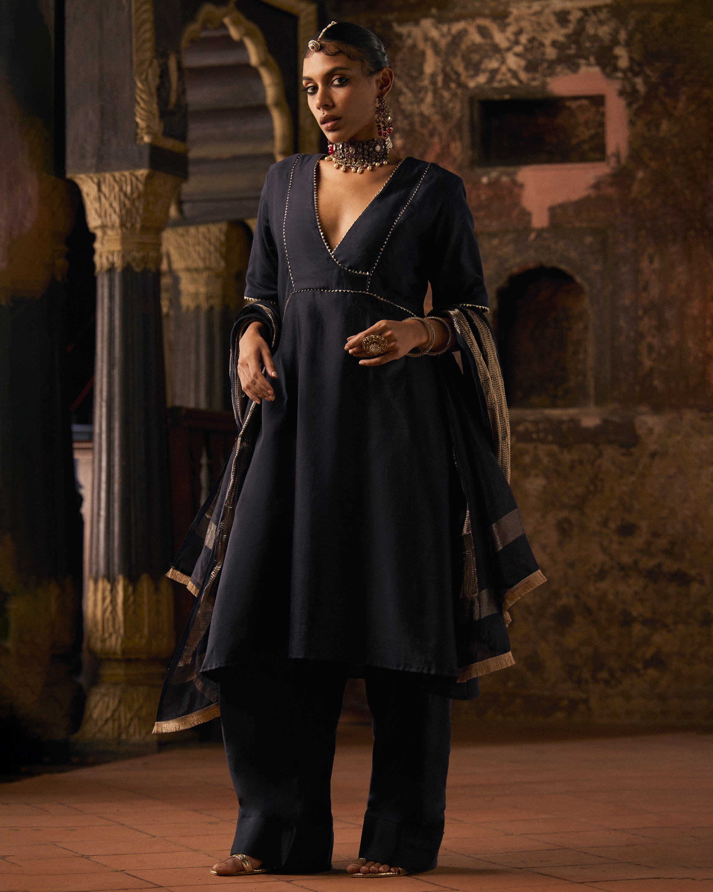 Midnight Blue Black Pure Chanderi Semi Angrakha