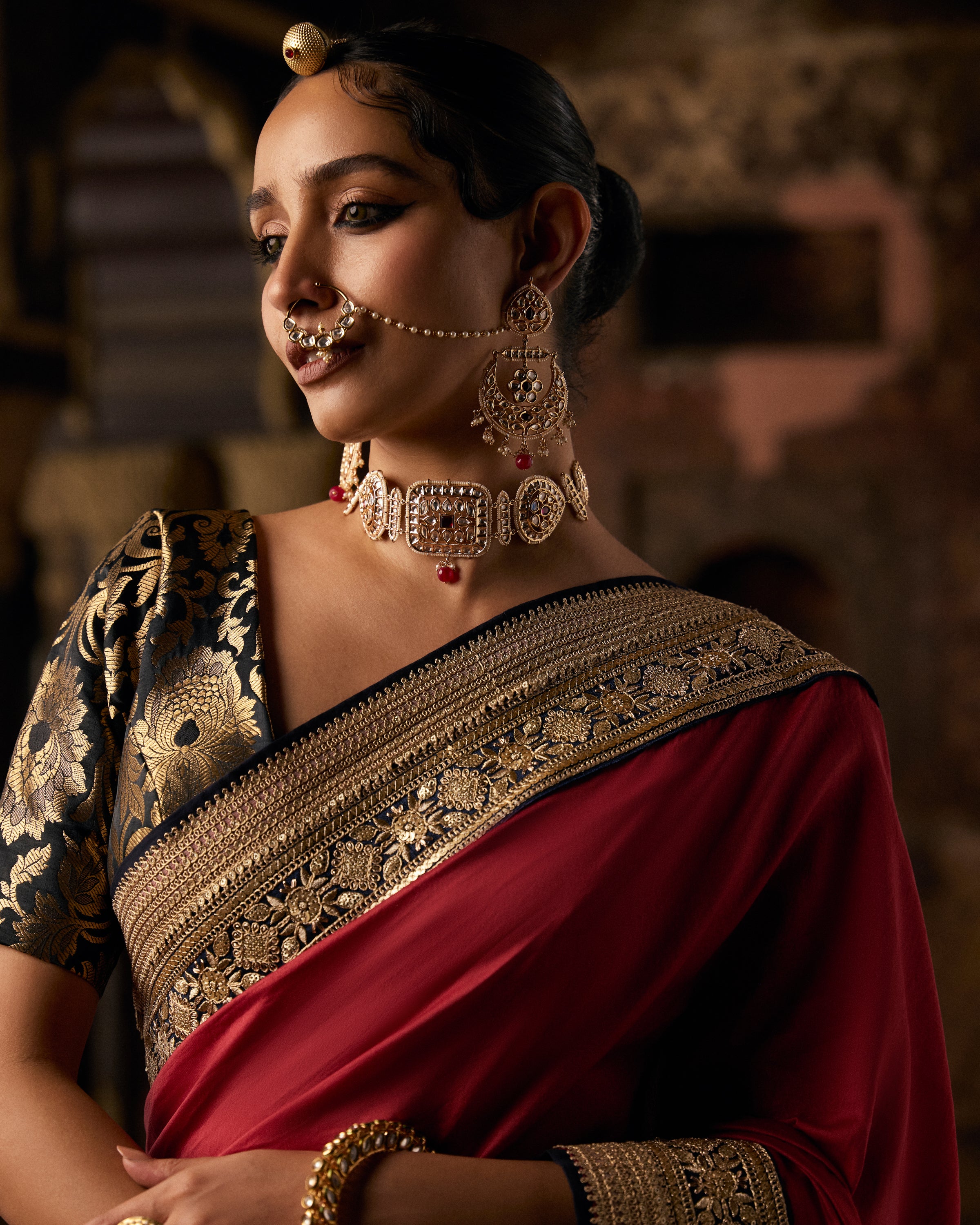 Red Pure Chanderi Saree With Black And Gold Border