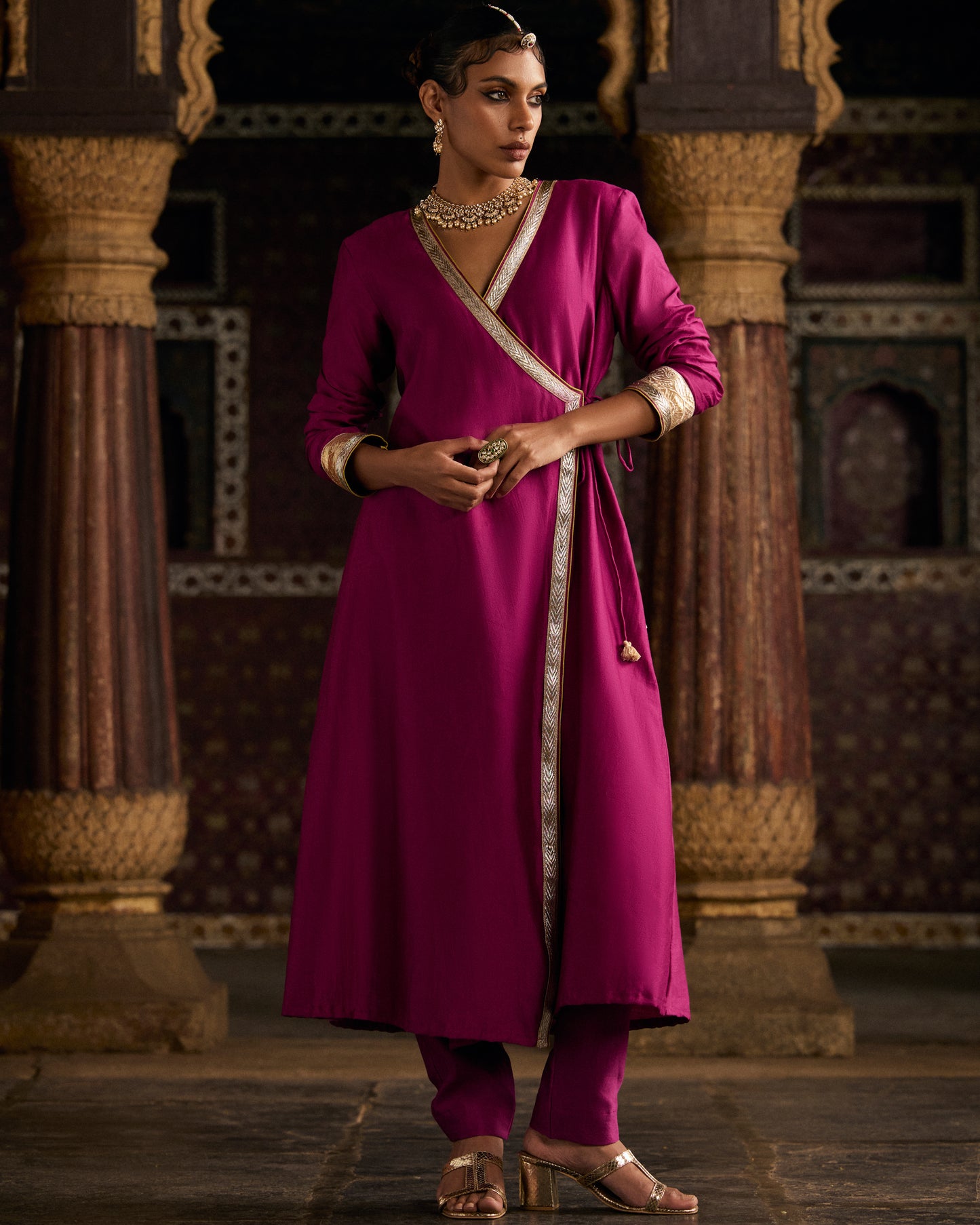 Pink Pure Chanderi Angrakha With Gota Patti