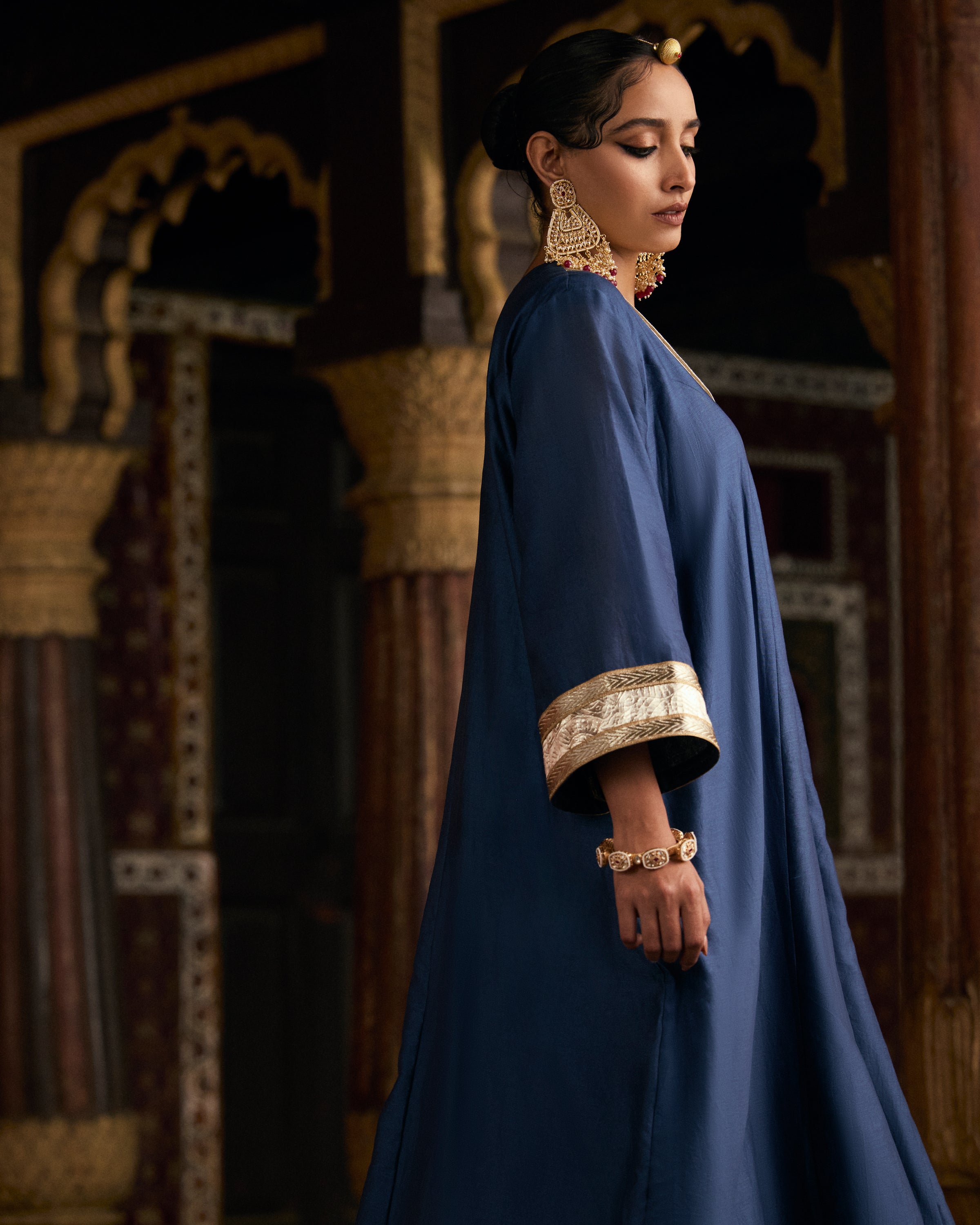 Blue Pure Chanderi Kaftan Kurta With Gota Patti