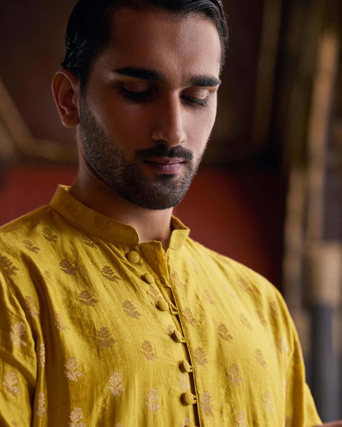 Yellow Munga Silk Handwoven Buta Kurta