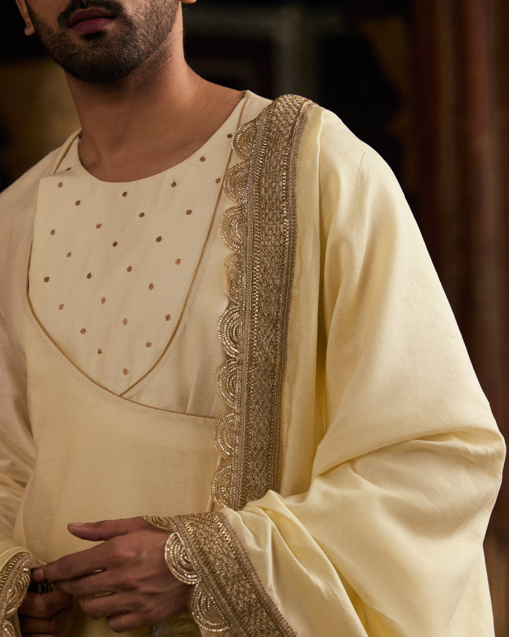 Off White Pure Chanderi Lohi With Lace Border