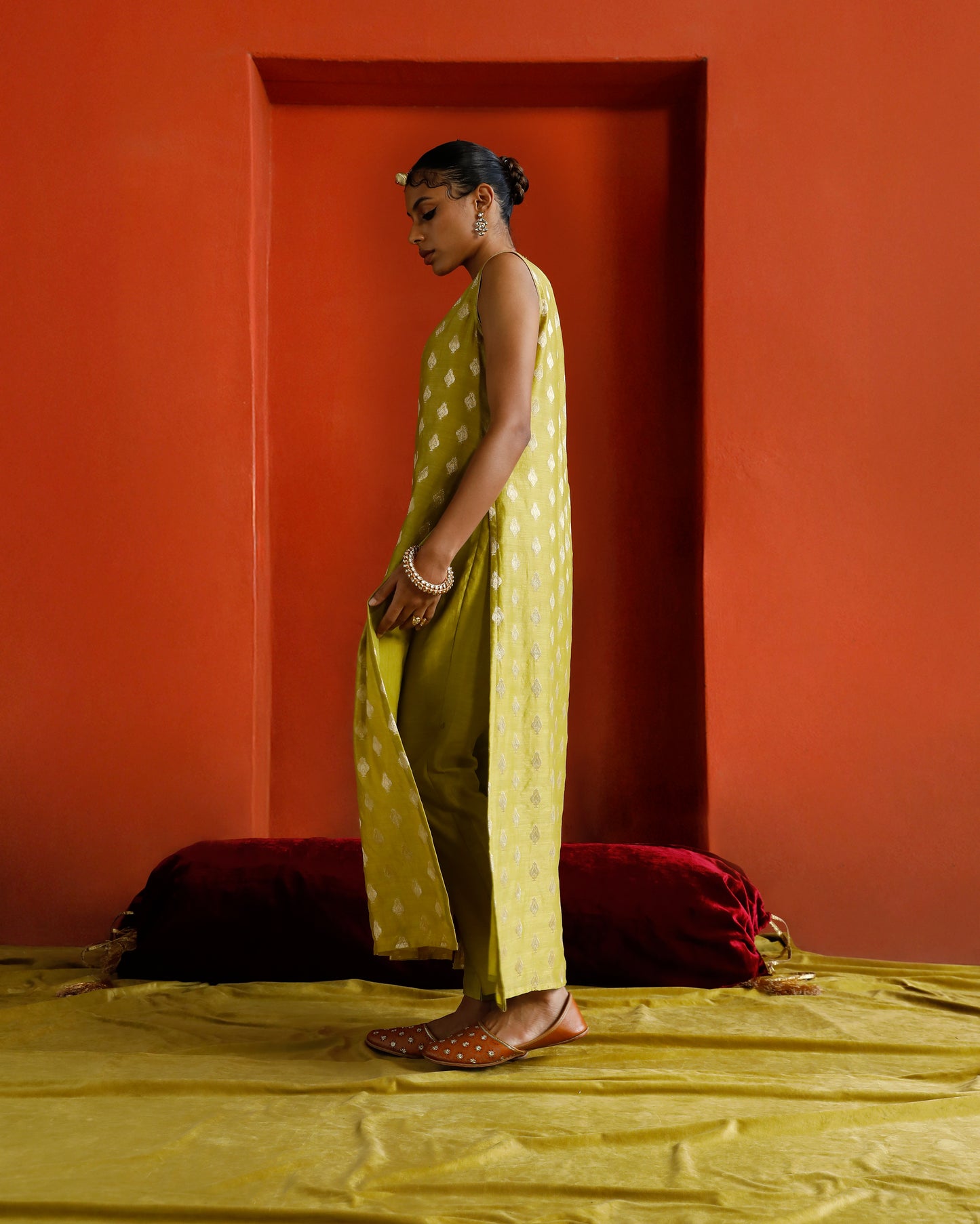 Green Pure Chanderi Tulip Zari Buta Kurta