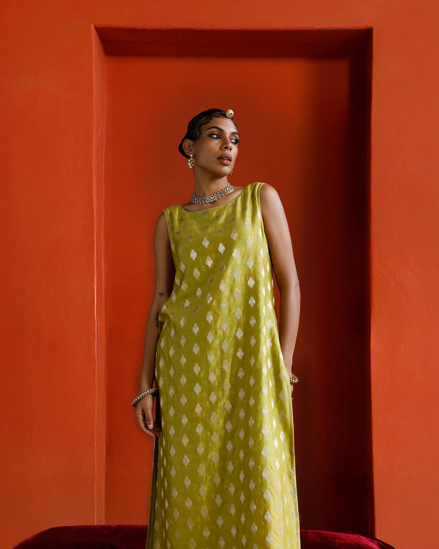 Green Pure Chanderi Tulip Zari Buta Kurta