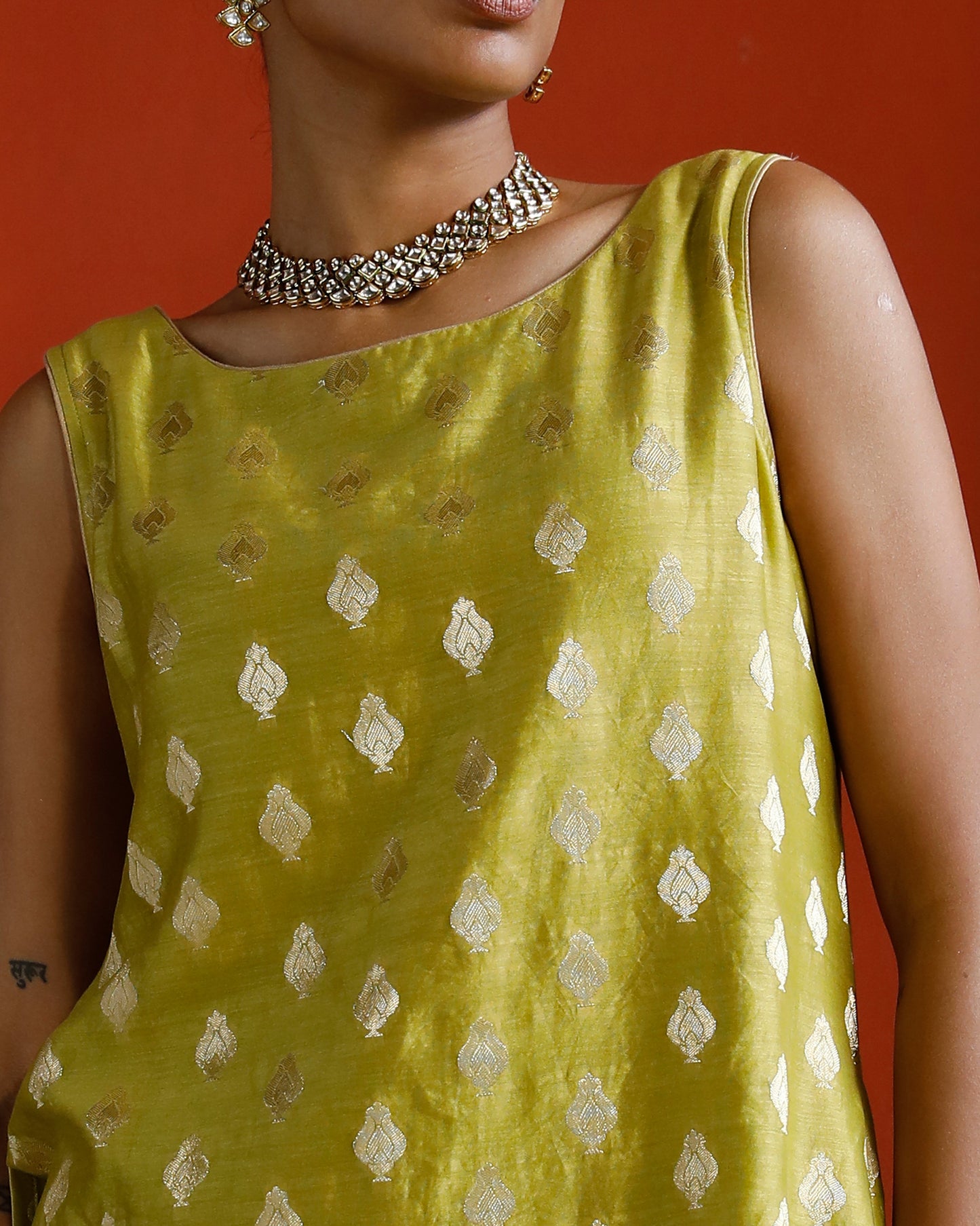 Green Pure Chanderi Tulip Zari Buta Kurta