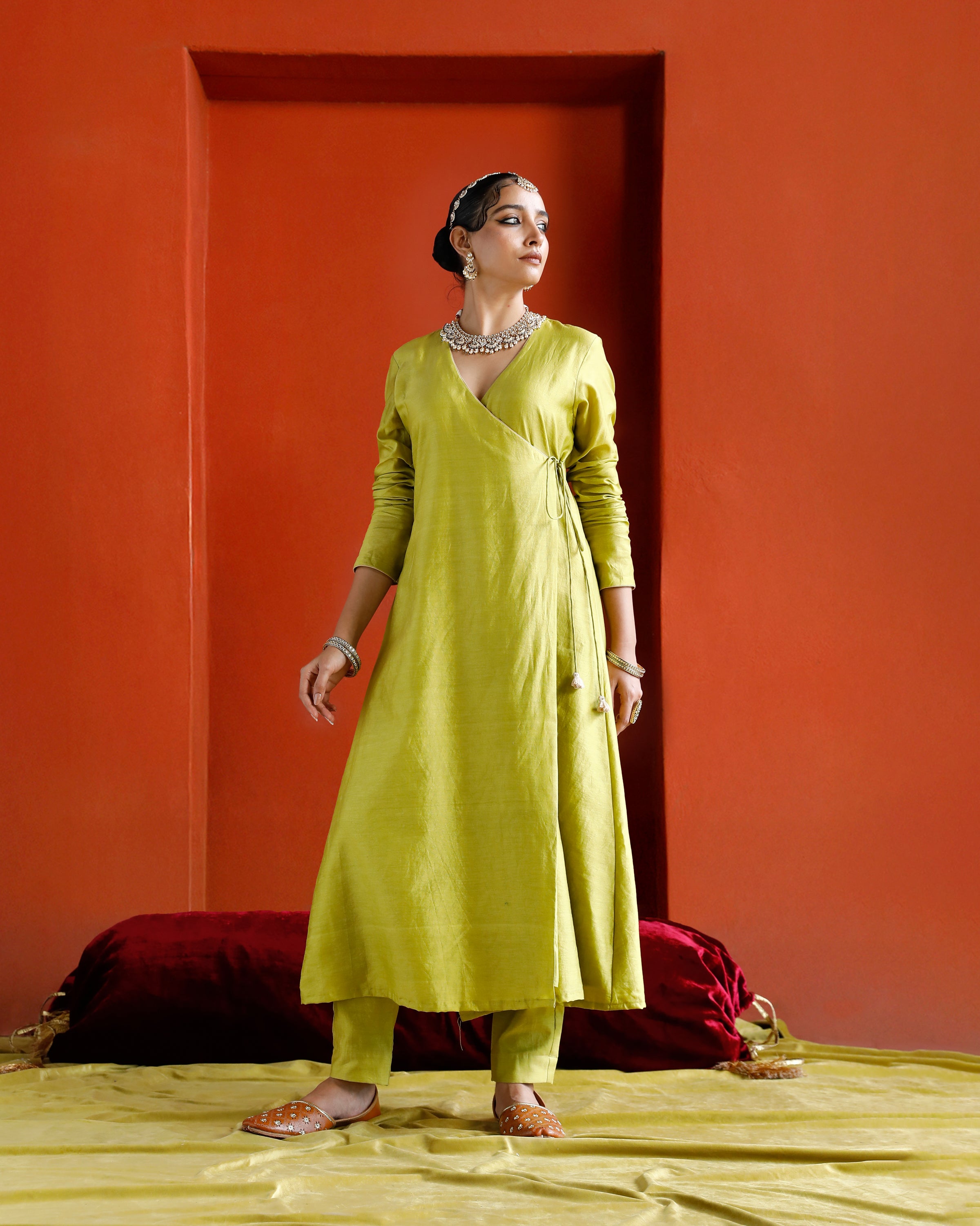 Green Pure Chanderi Angrakha