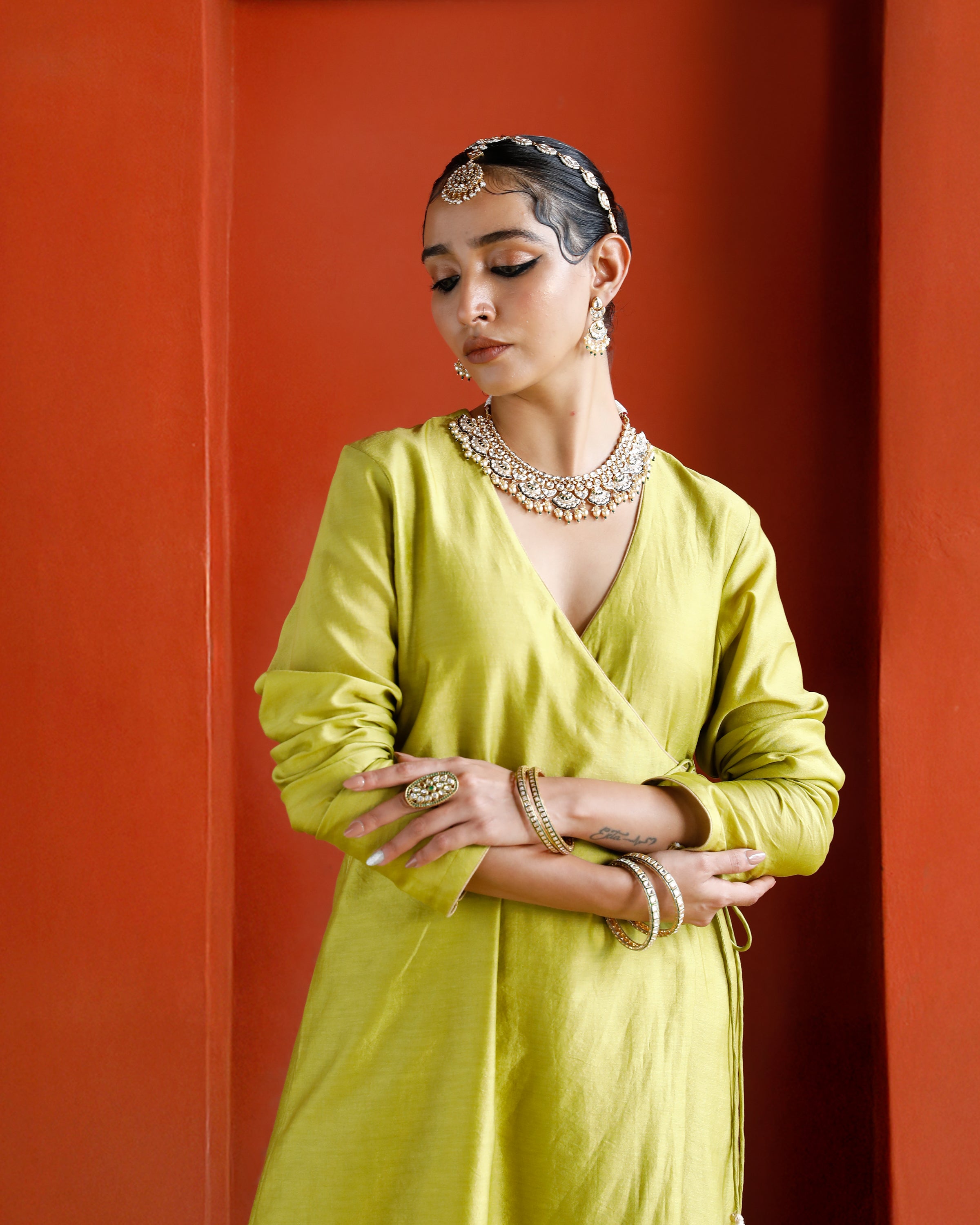 Green Pure Chanderi Angrakha