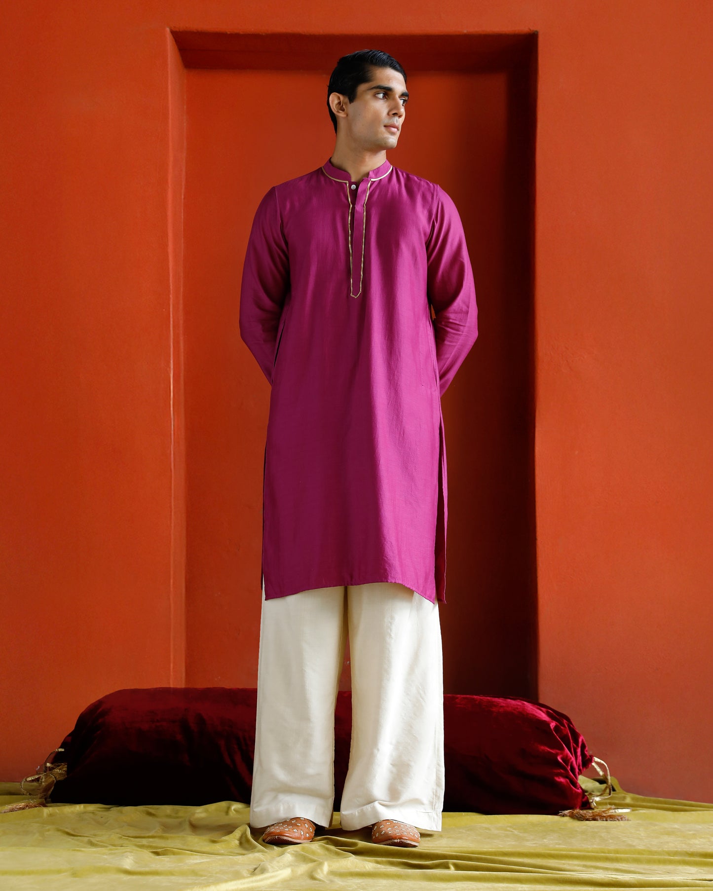 Pink Pure Chanderi Kurta With Gold Piping On Hidden Placket