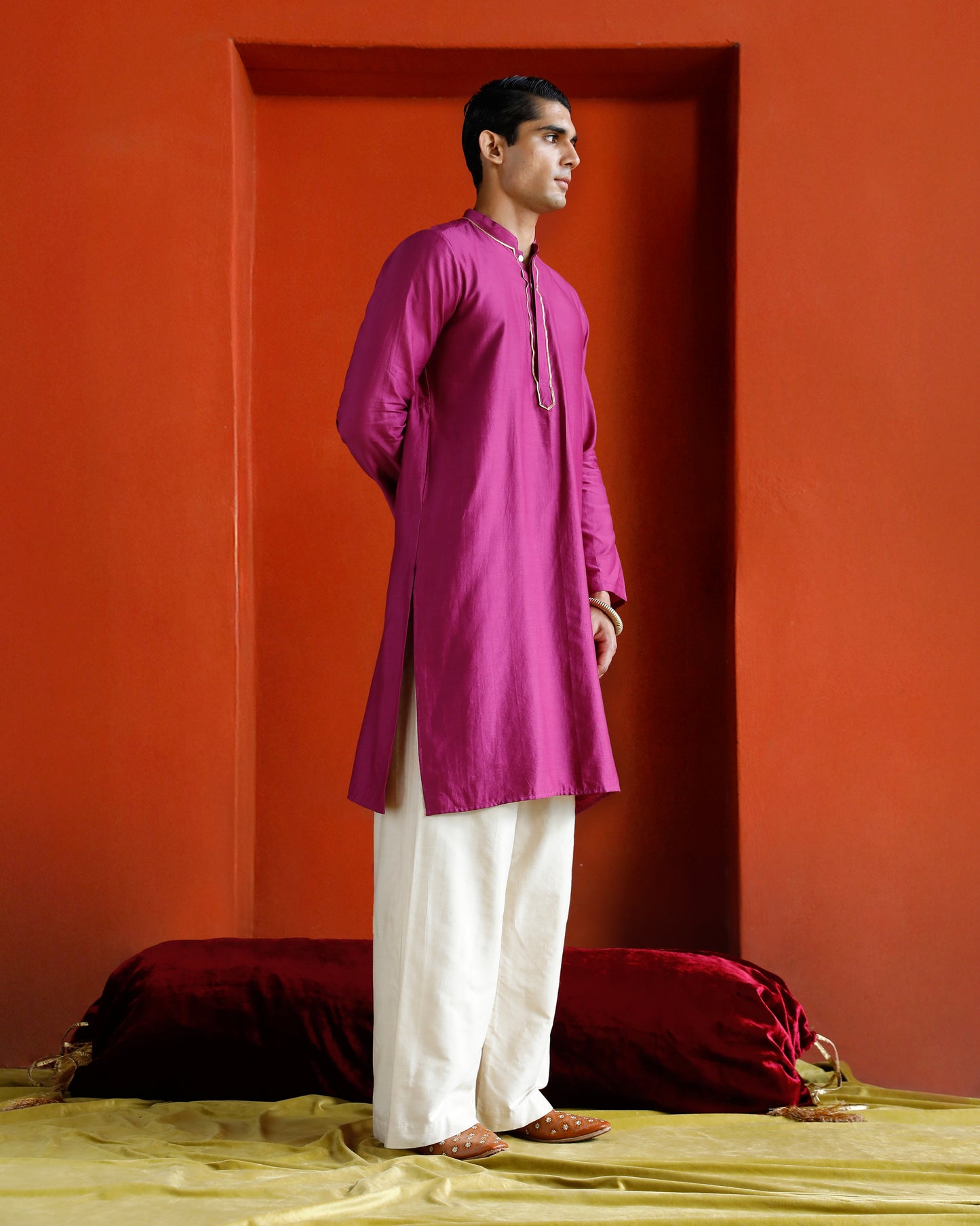Pink Pure Chanderi Kurta With Gold Piping On Hidden Placket