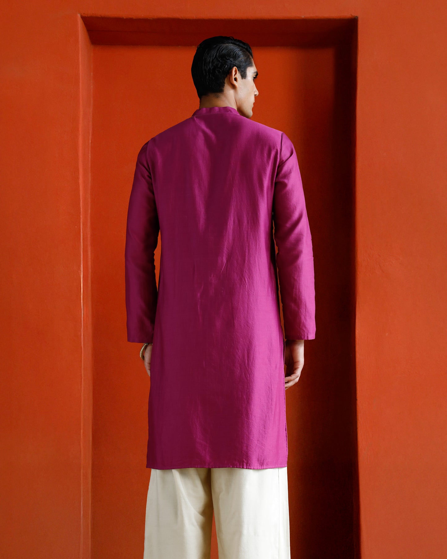 Pink Pure Chanderi Kurta With Gold Piping On Hidden Placket