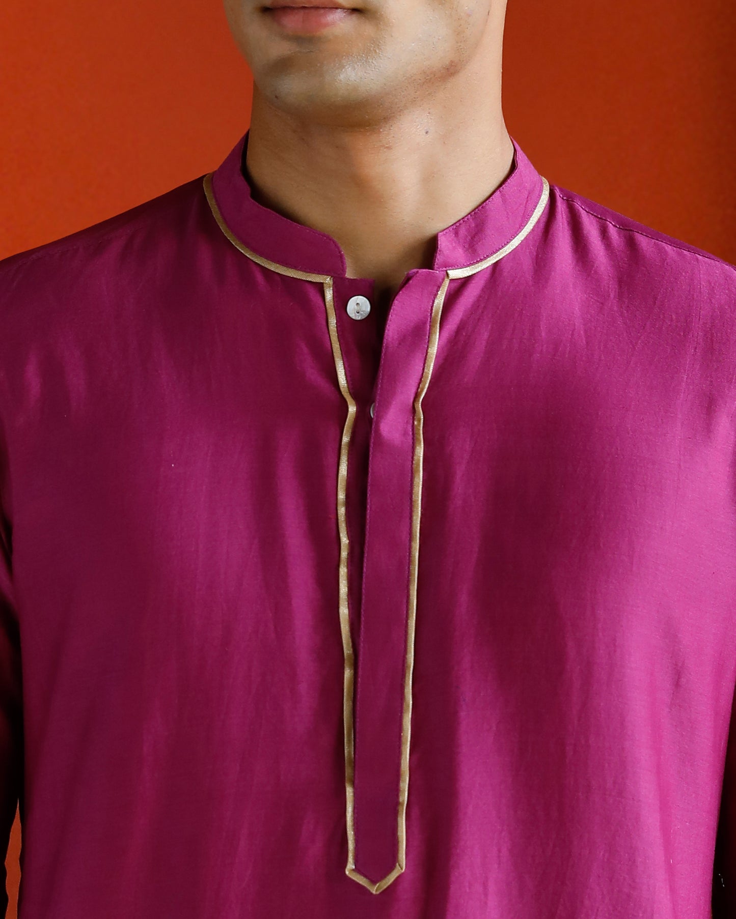 Pink Pure Chanderi Kurta With Gold Piping On Hidden Placket