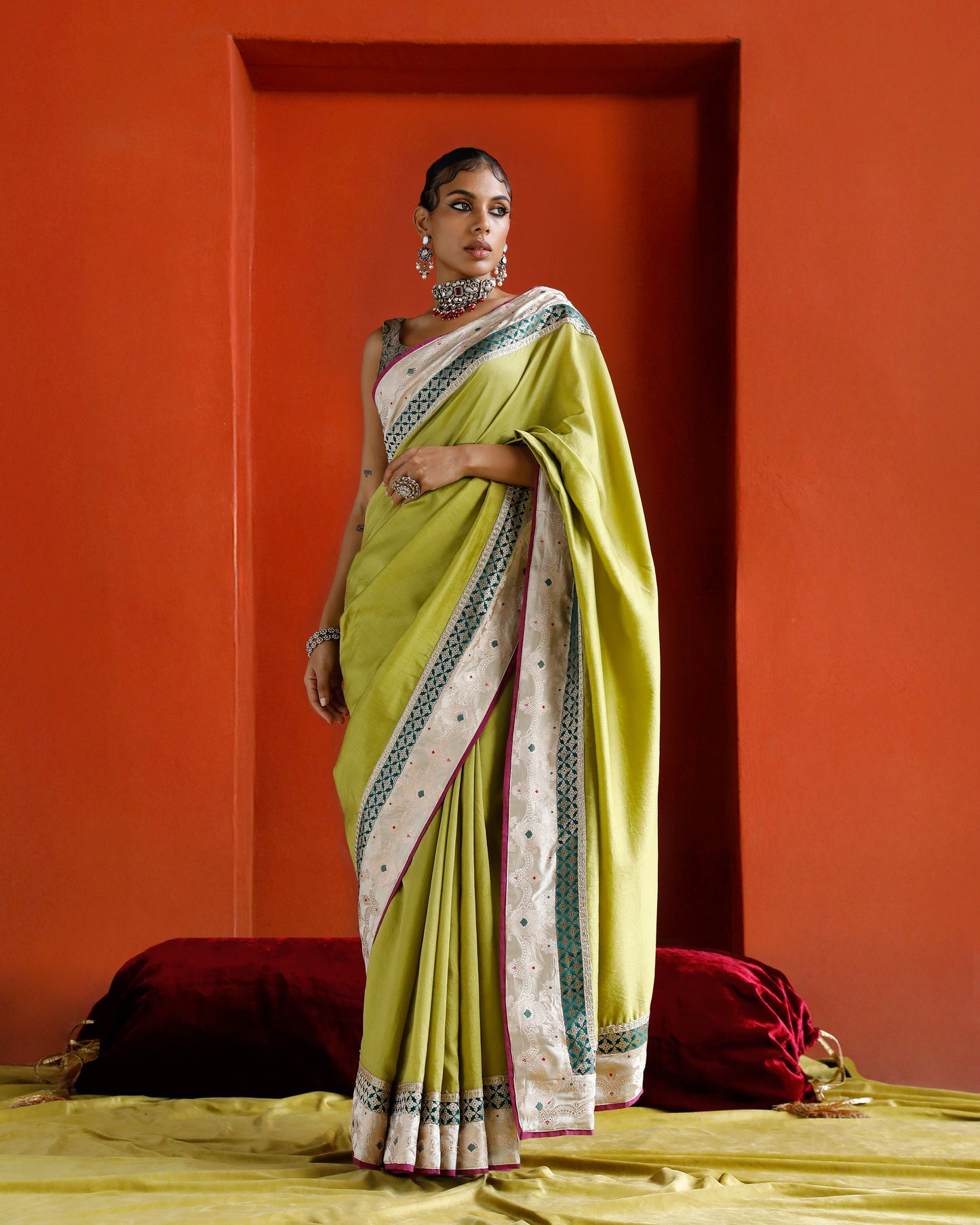 Green Pure Chanderi Saree With Pure Katan Silk Brocade Border