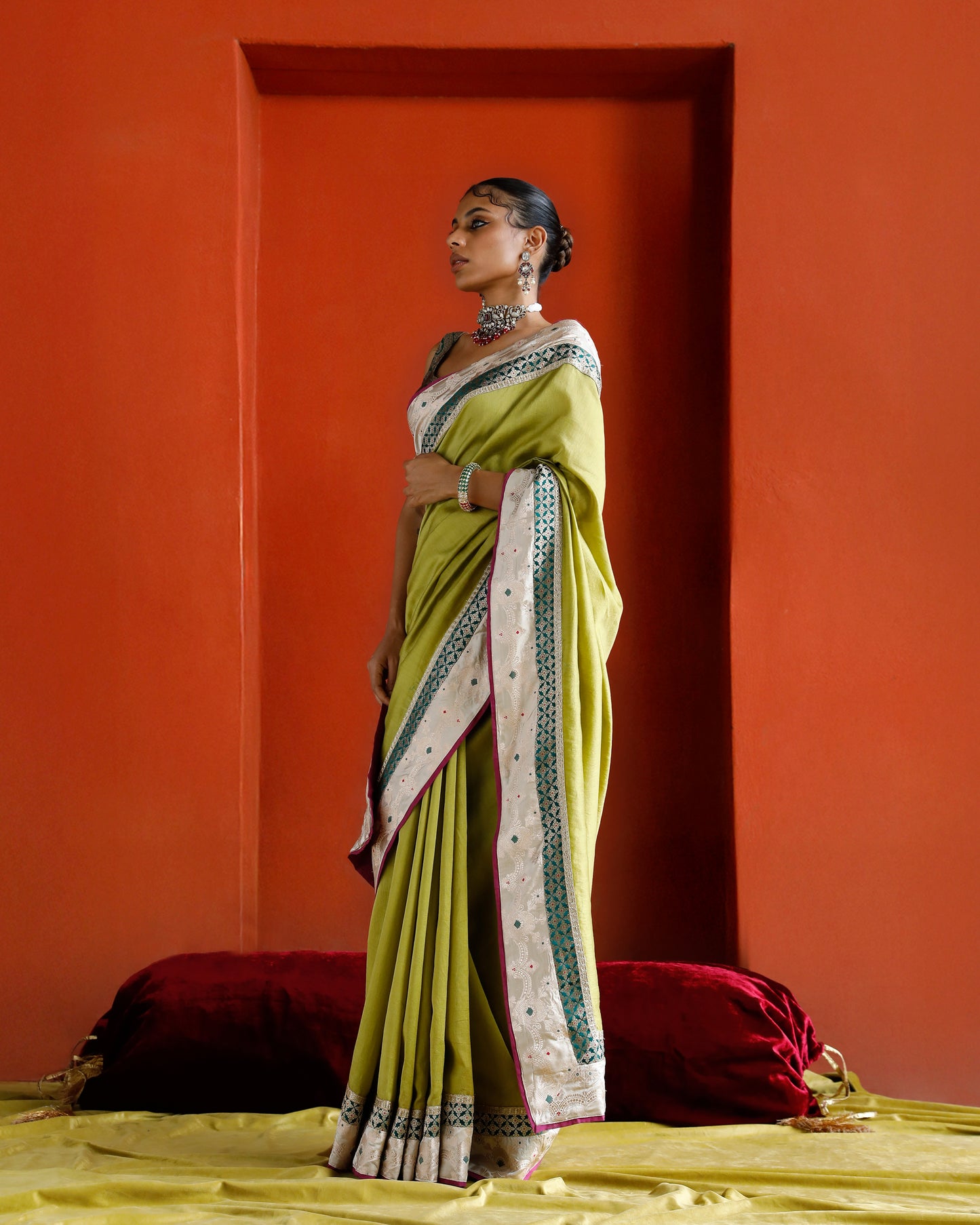 Green Pure Chanderi Saree With Pure Katan Silk Brocade Border