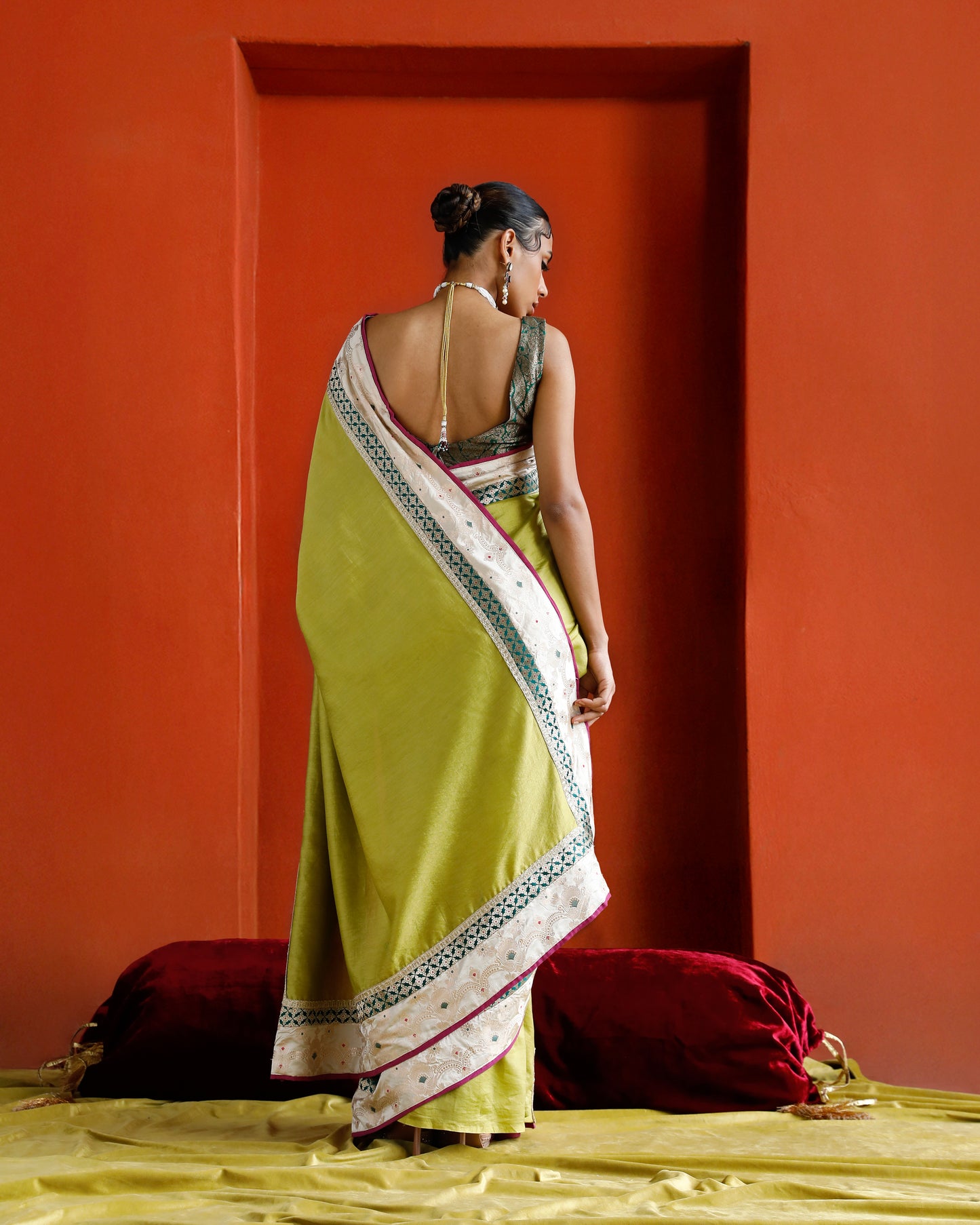 Green Pure Chanderi Saree With Pure Katan Silk Brocade Border