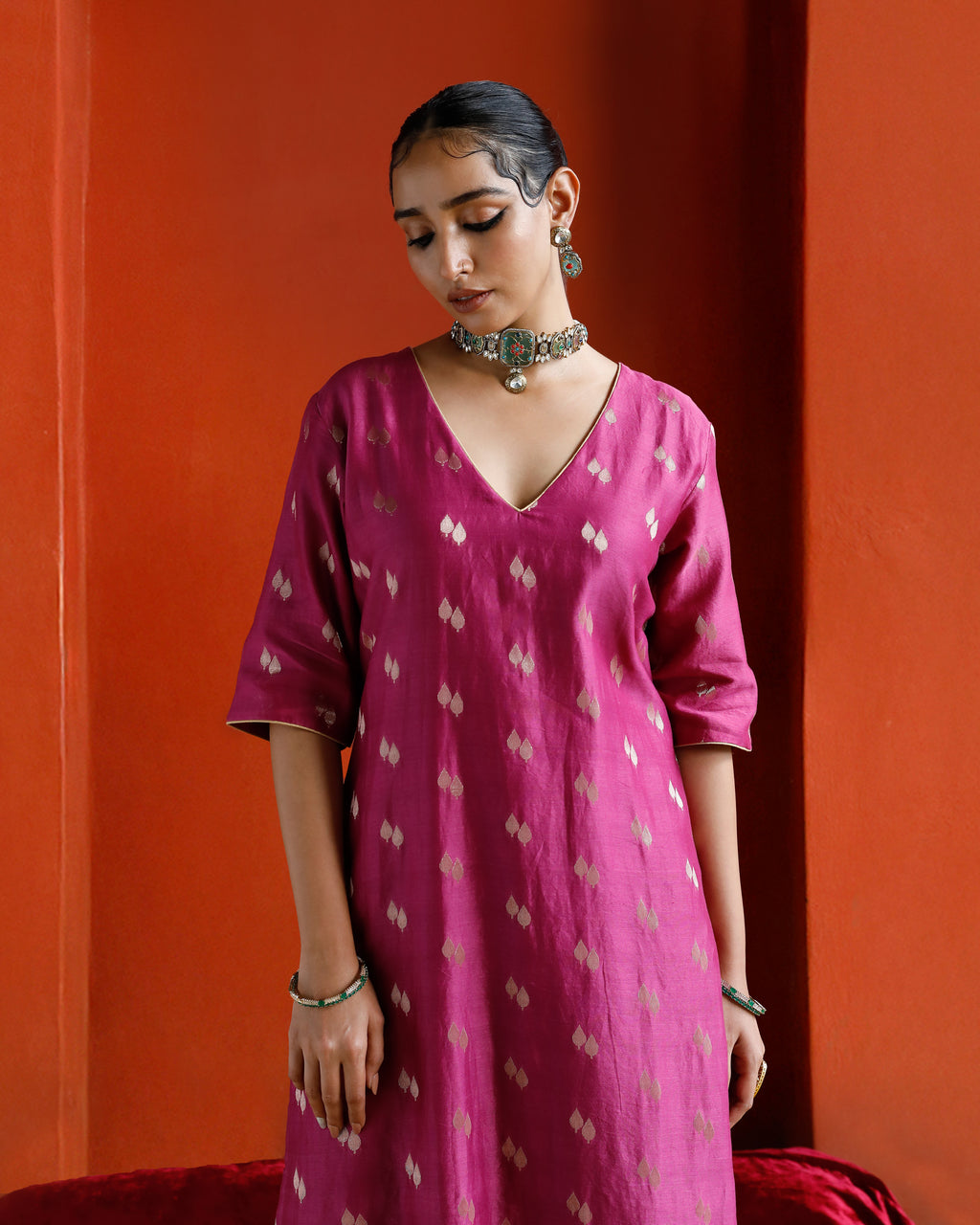 Pink Pure Chanderi Paan Zari Buta Kurta