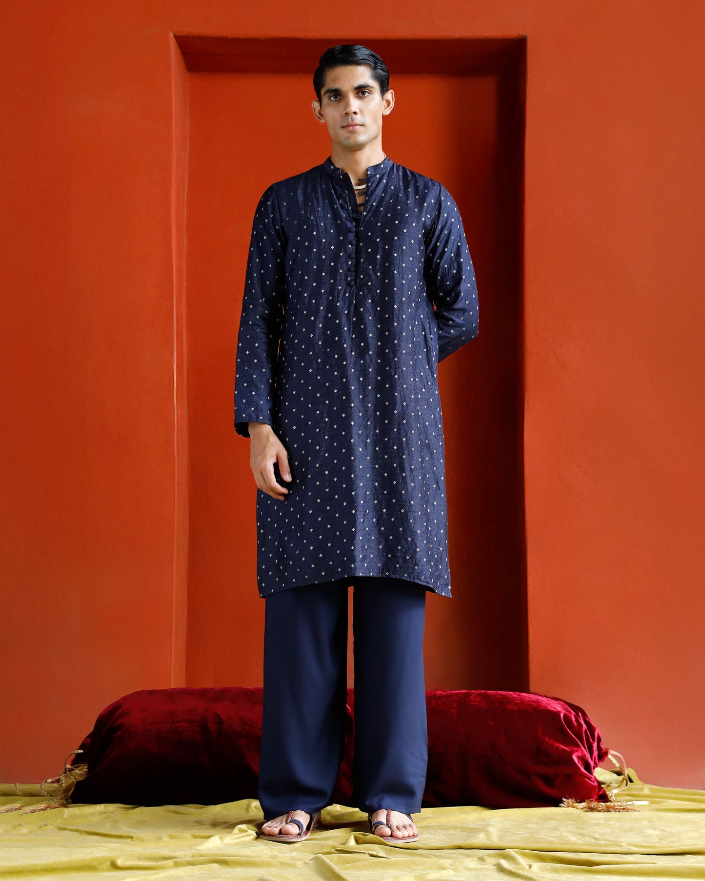 Midnight Blue Black Munga Silk Handwoven Buta Kurta