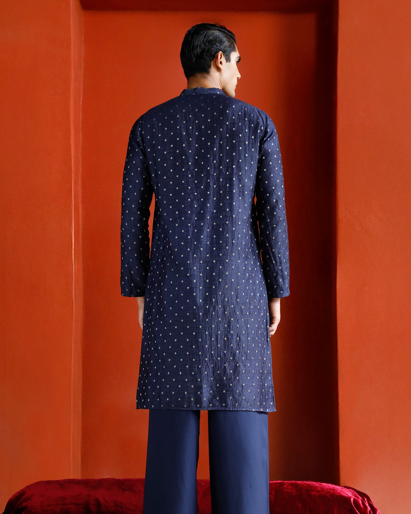 Midnight Blue Black Munga Silk Handwoven Buta Kurta