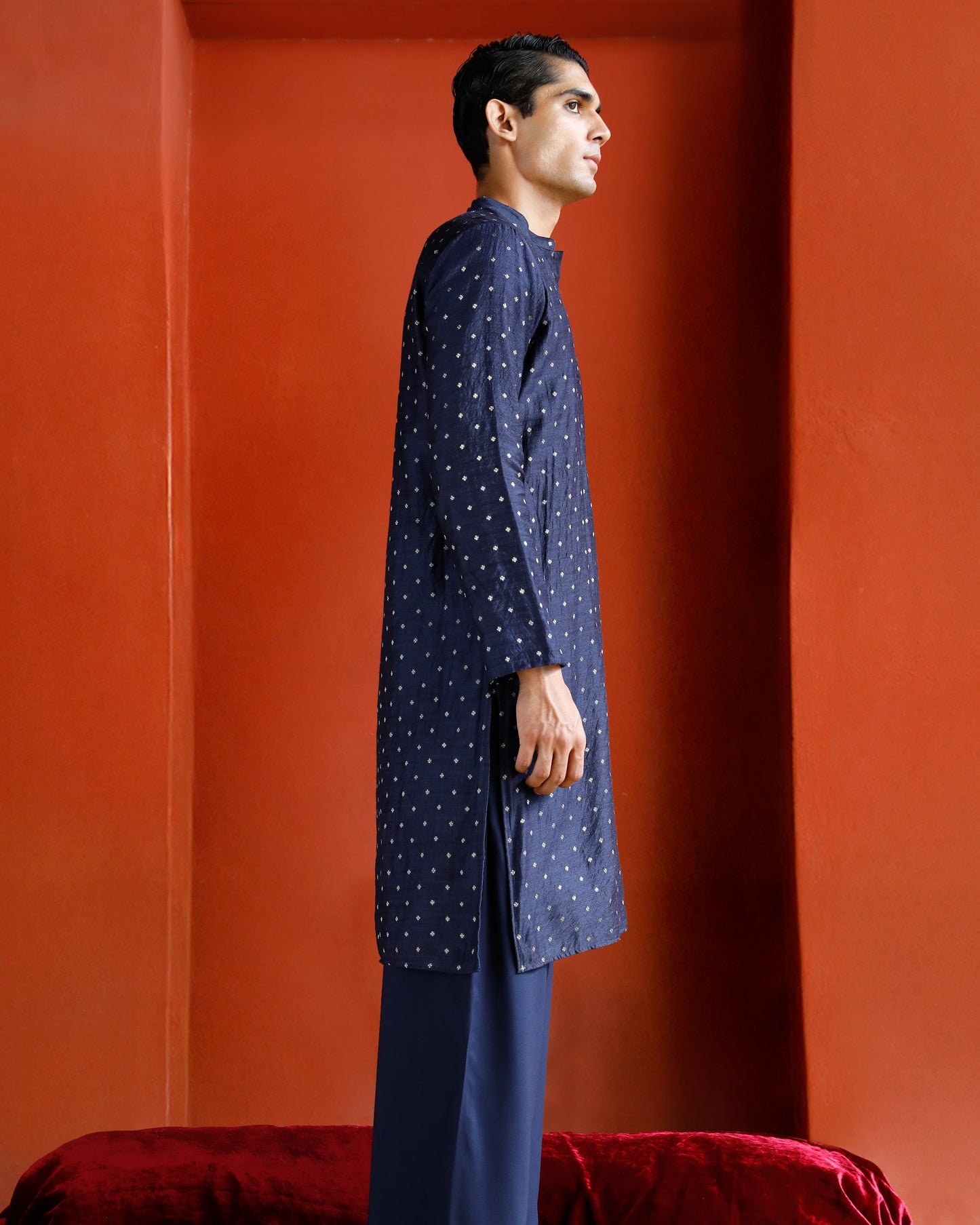 Midnight Blue Black Munga Silk Handwoven Buta Kurta