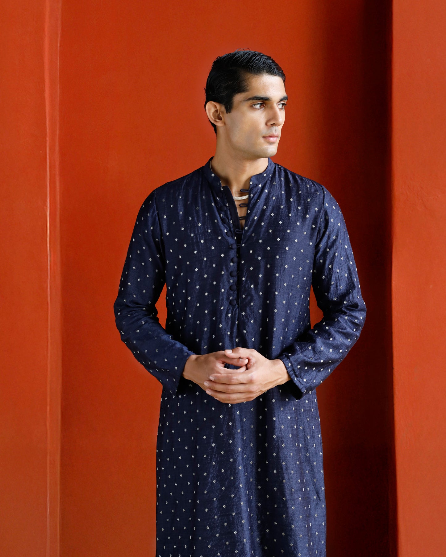 Midnight Blue Black Munga Silk Handwoven Buta Kurta