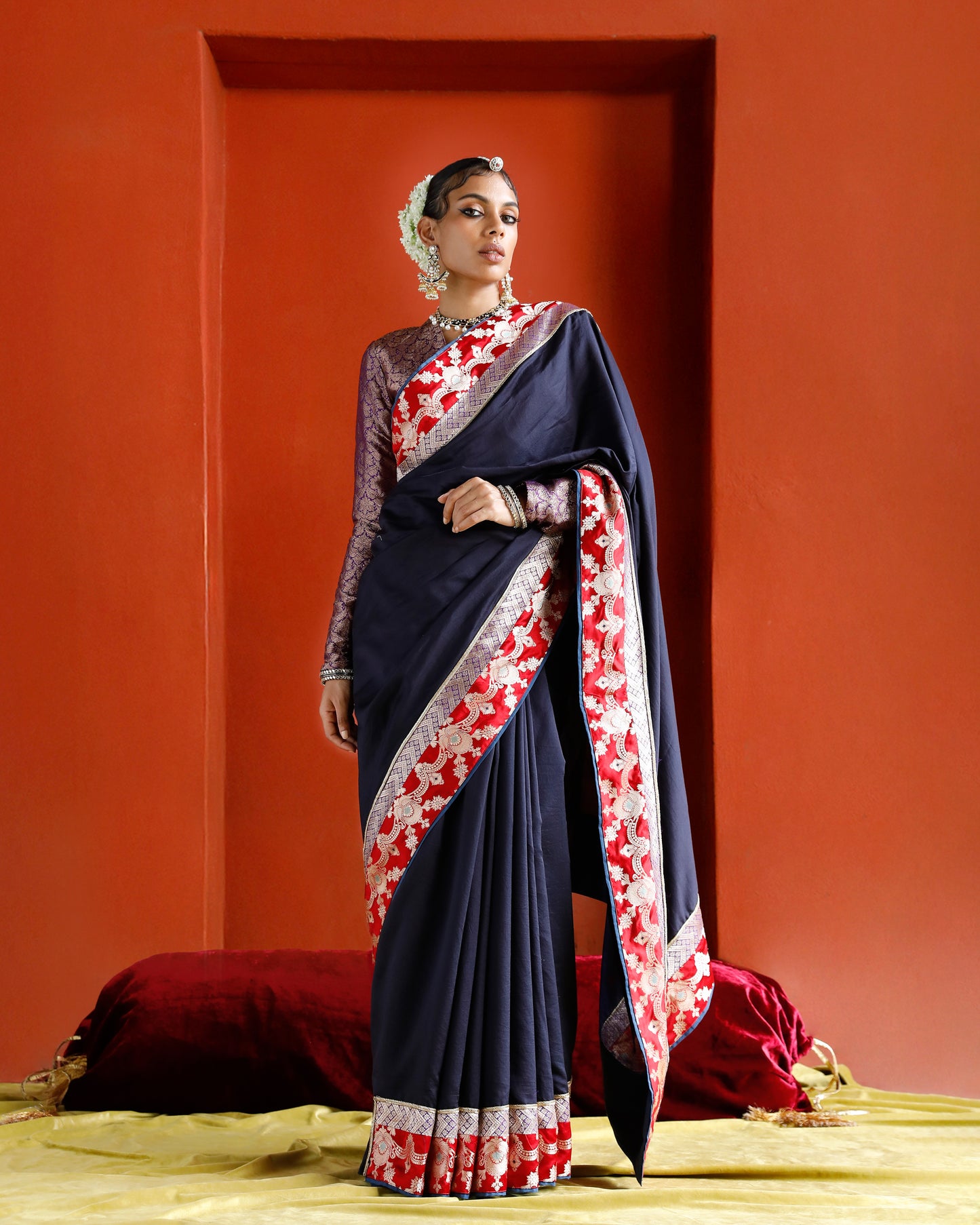 Midnight Blue Black Pure Chanderi Saree With Pure Katan Silk Brocade Border