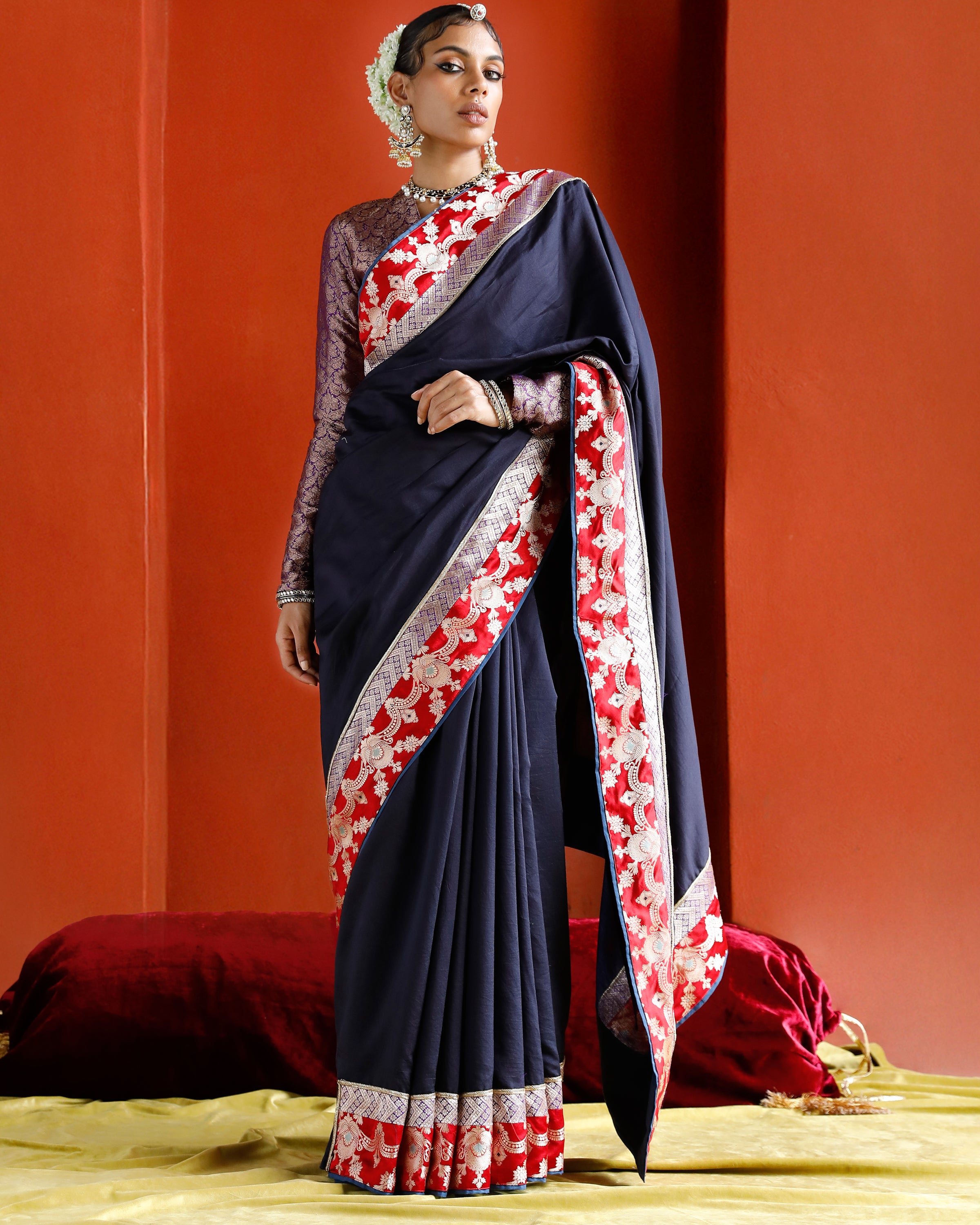 Midnight Blue Black Pure Chanderi Saree With Pure Katan Silk Brocade Border
