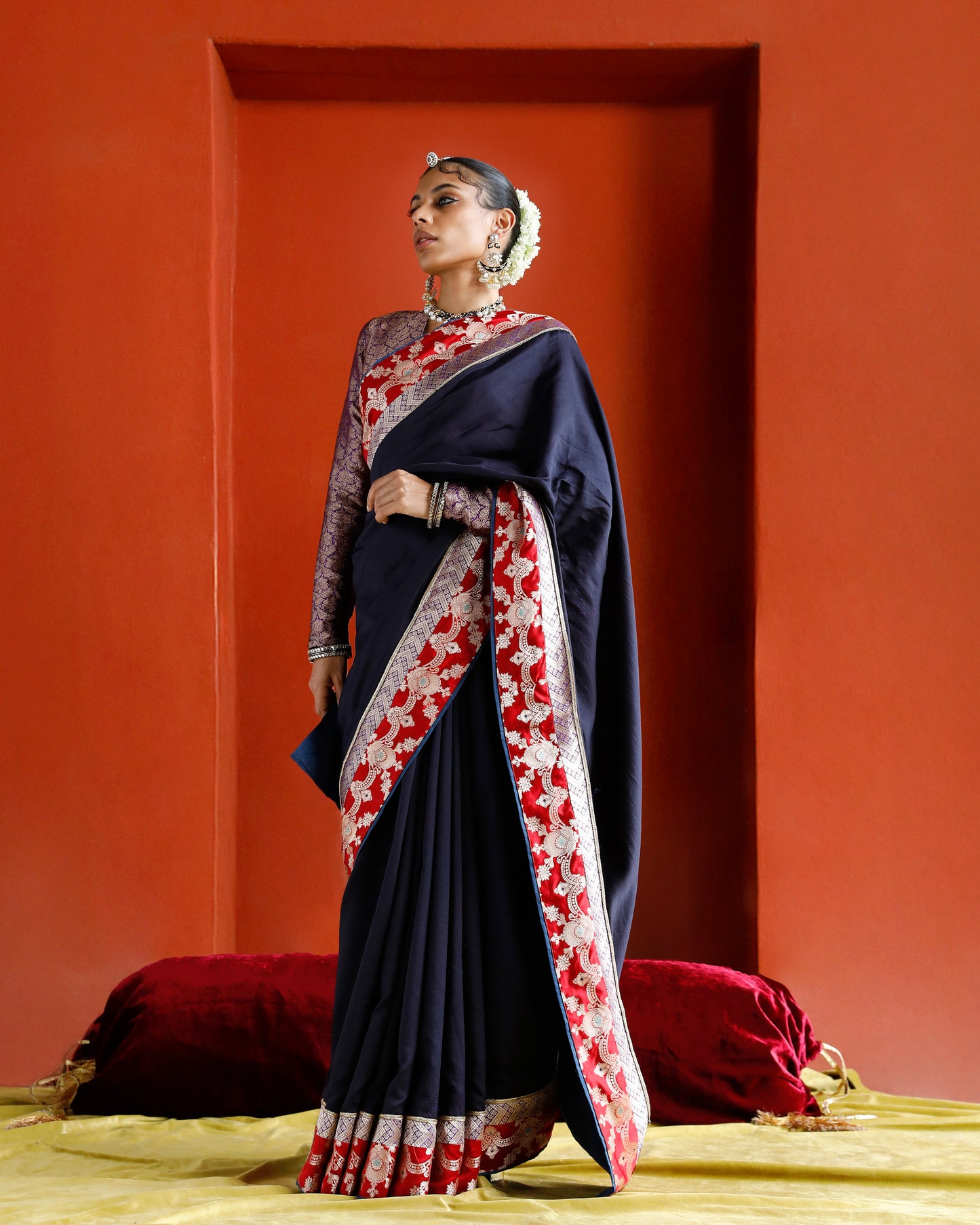Midnight Blue Black Pure Chanderi Saree With Pure Katan Silk Brocade Border