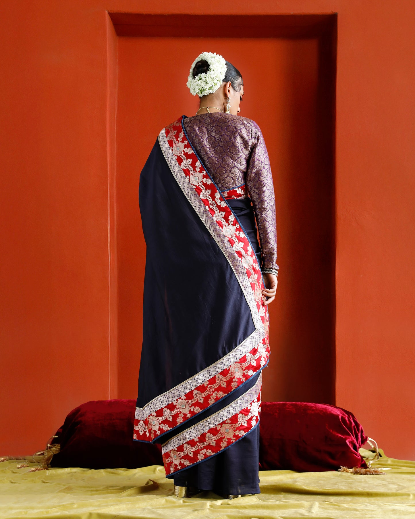 Midnight Blue Black Pure Chanderi Saree With Pure Katan Silk Brocade Border