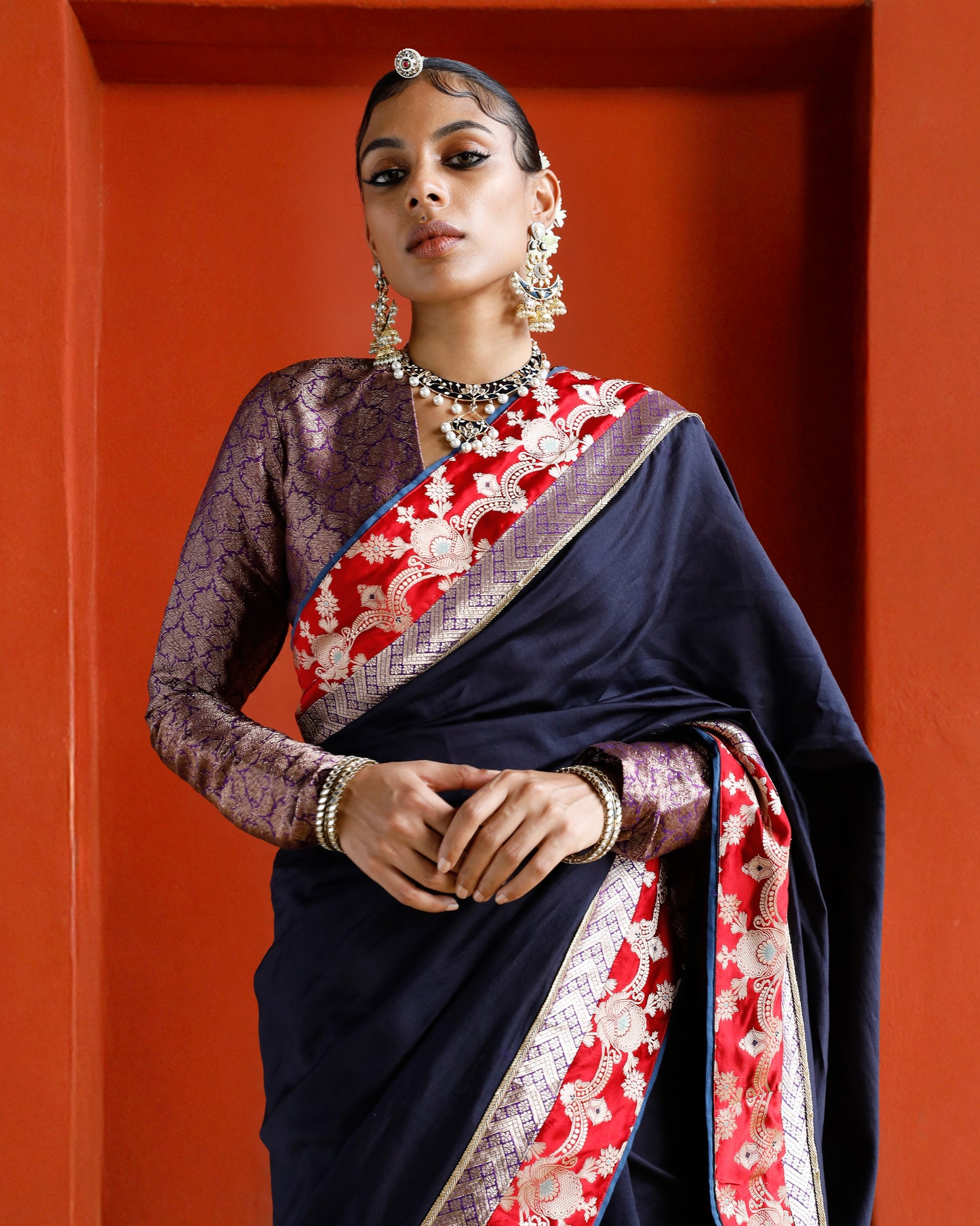 Midnight Blue Black Pure Chanderi Saree With Pure Katan Silk Brocade Border