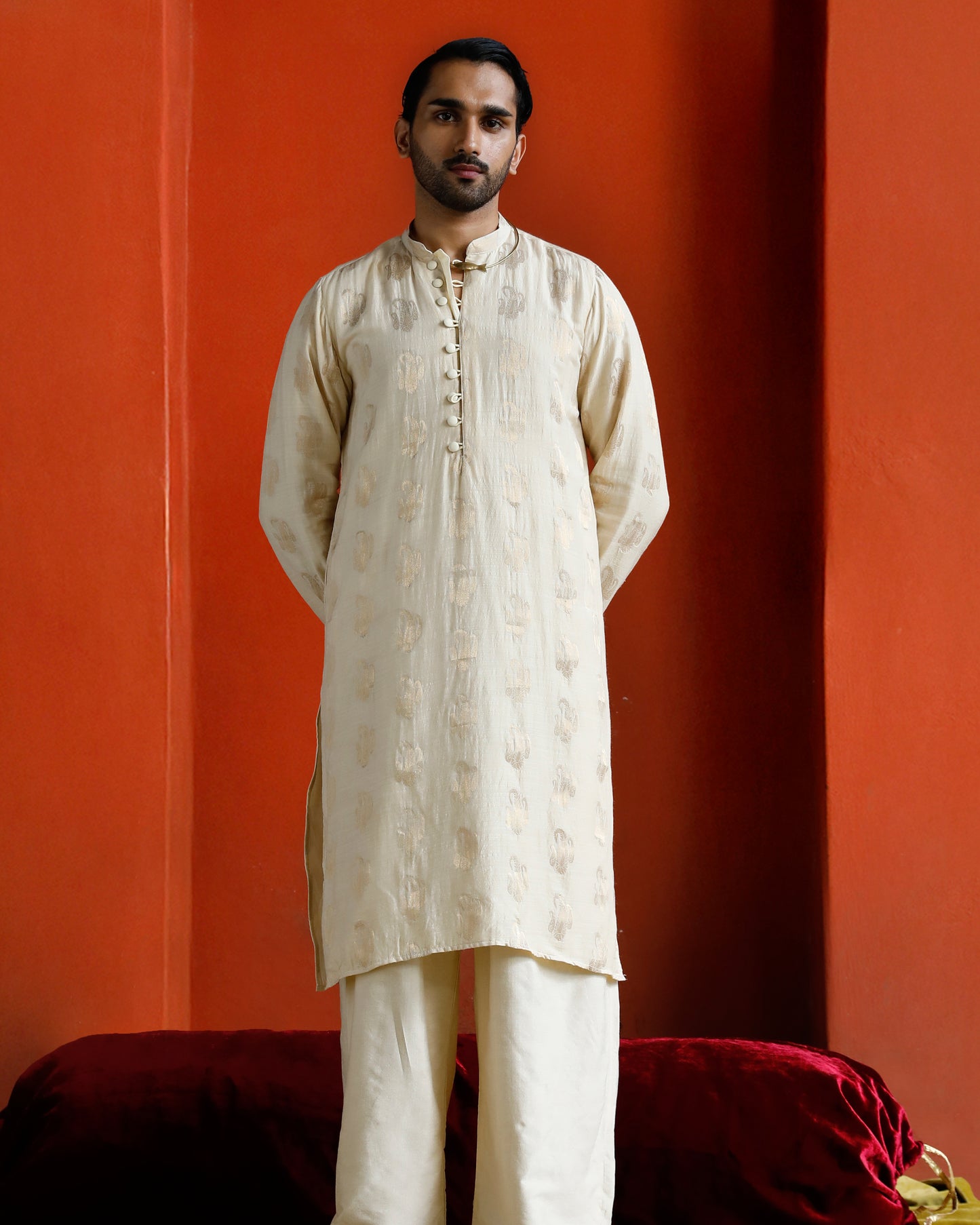 Off White Munga Silk Handwoven Buta Kurta