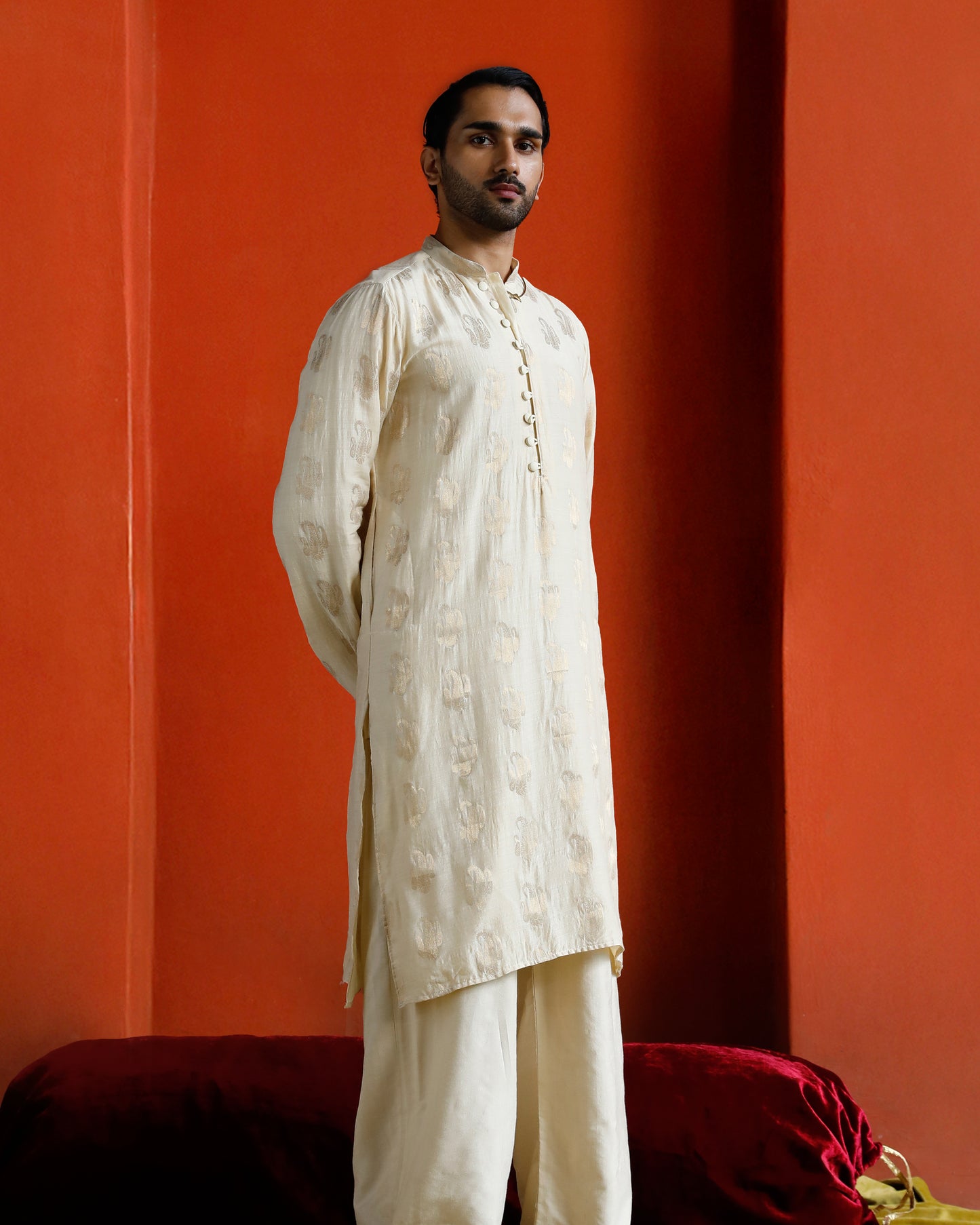 Off White Munga Silk Handwoven Buta Kurta
