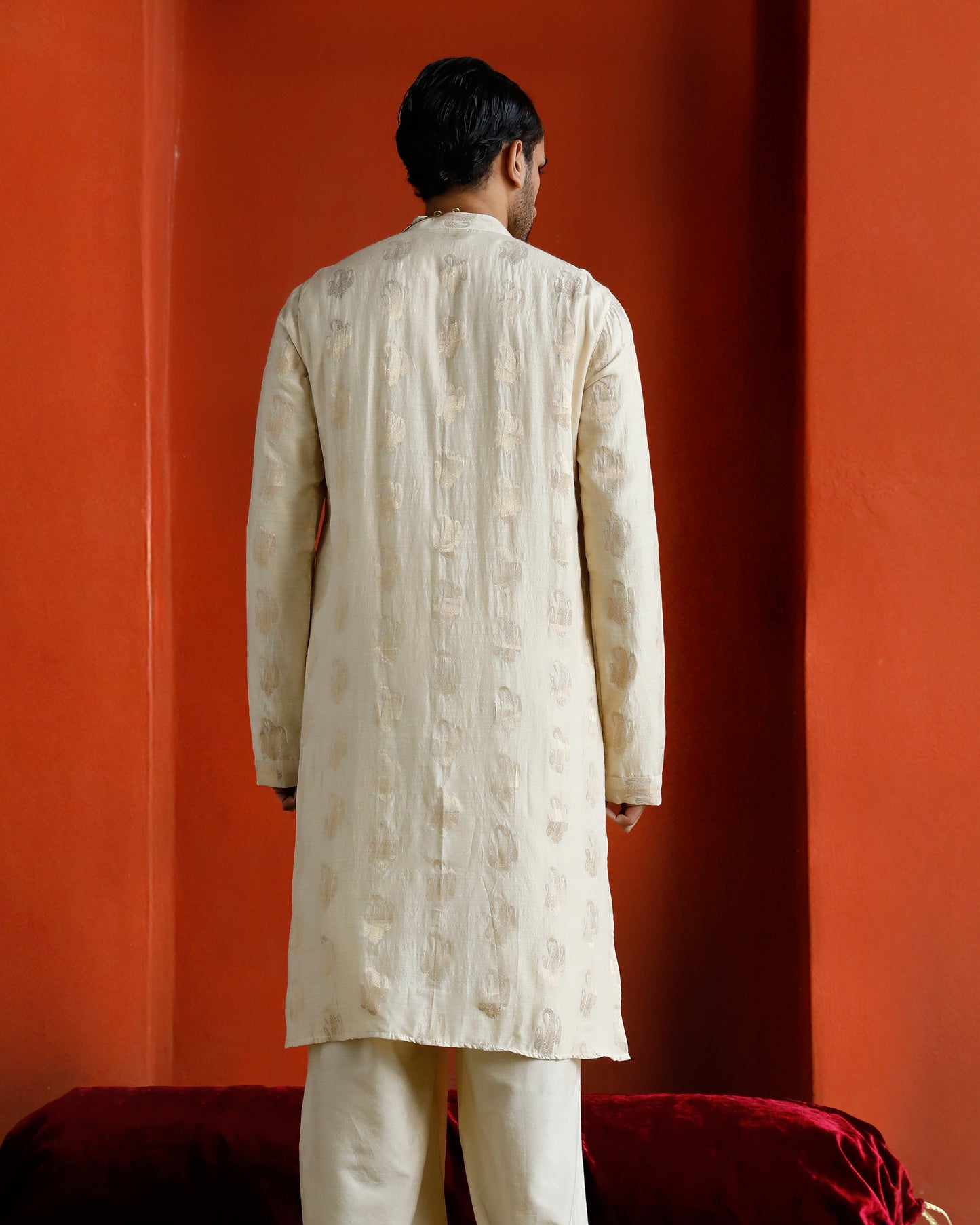 Off White Munga Silk Handwoven Buta Kurta