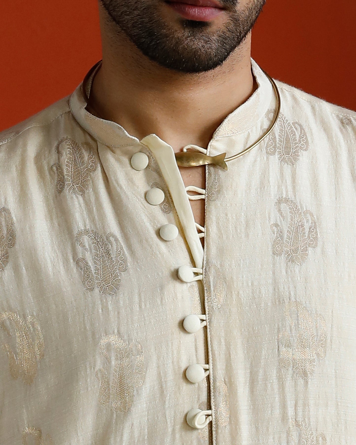 Off White Munga Silk Handwoven Buta Kurta