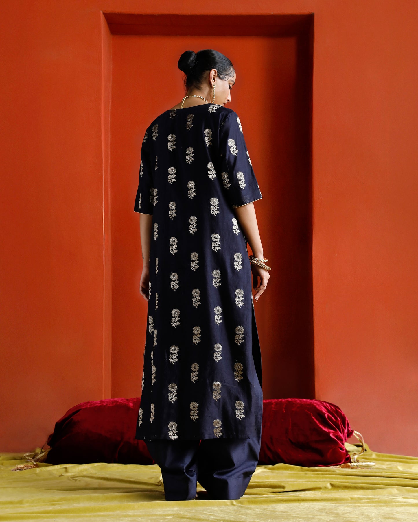 Midhnight Black Blue Pure Chanderi Floral Zari Buta Kurta